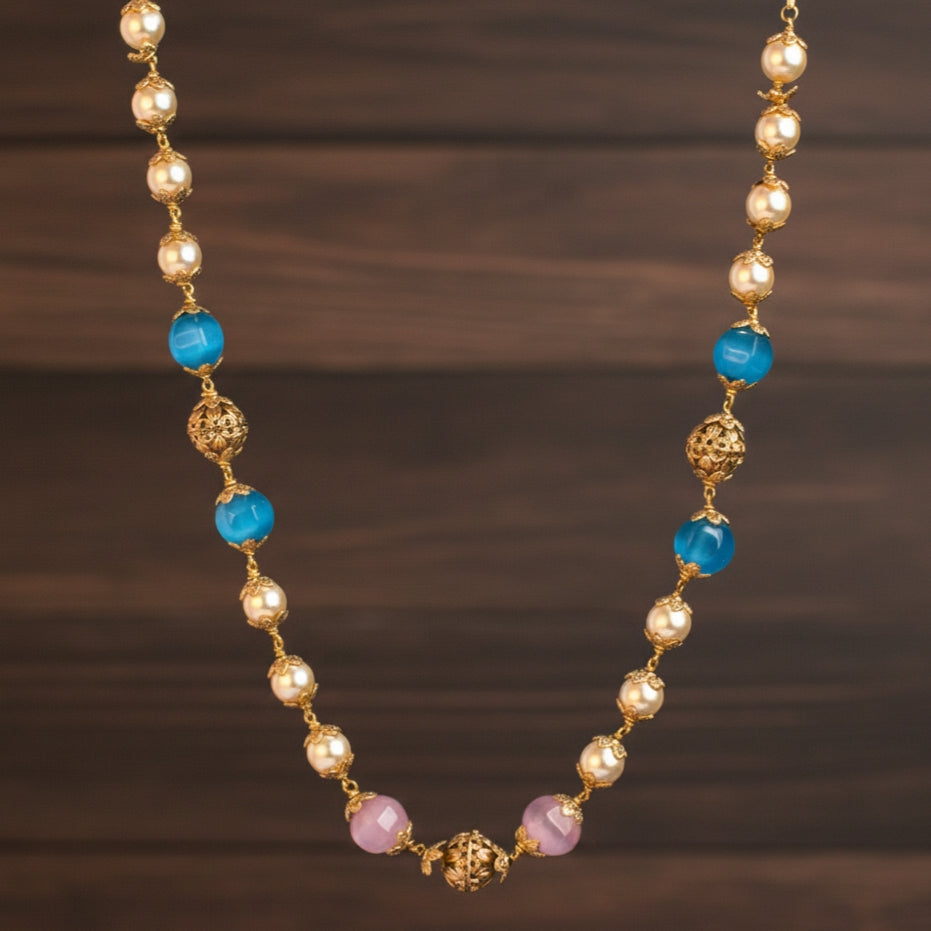 Udbhava Handcrafted Kattu Theega Necklace with Multicolor Monalisa Beads & Imitation Pearls