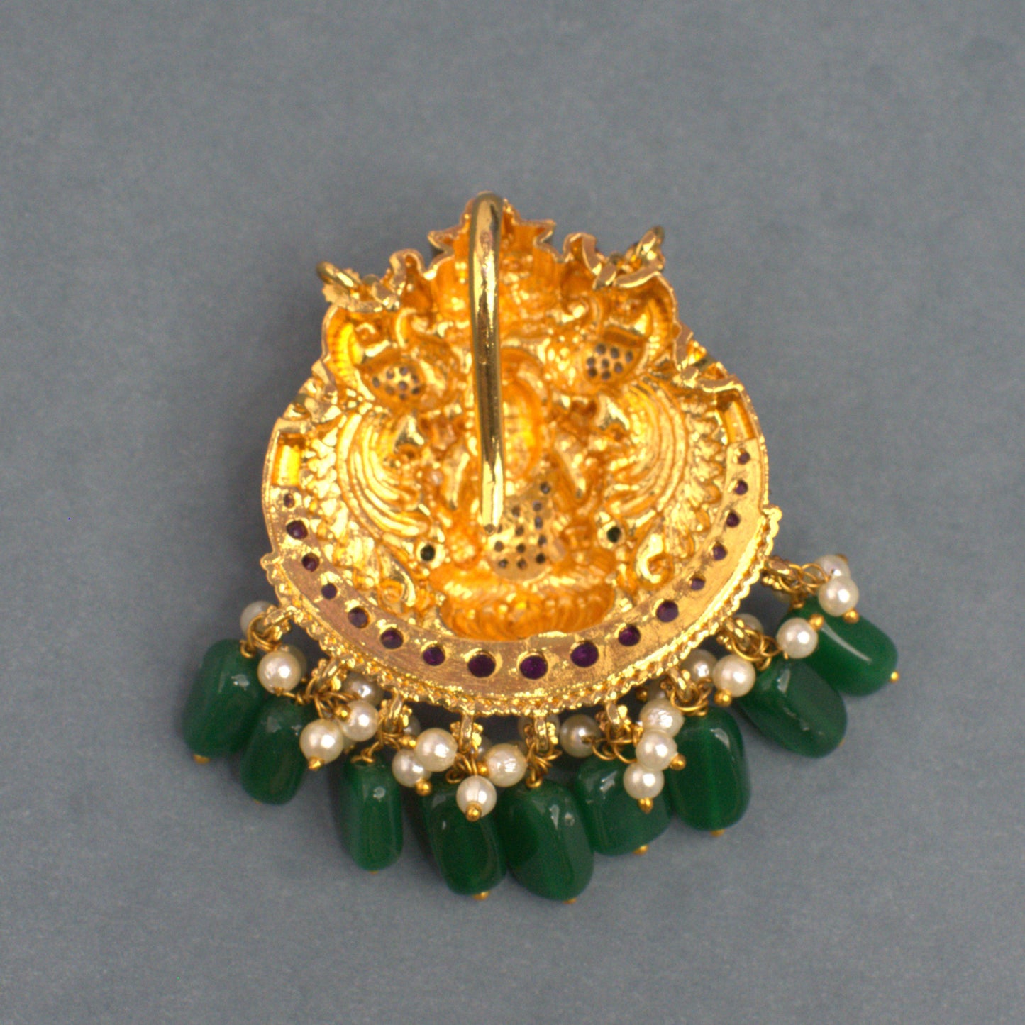 Udbhava Nakshi Lakshmi Temple Pendant in Antique Gold Finish with Green Onyx Bead Drops