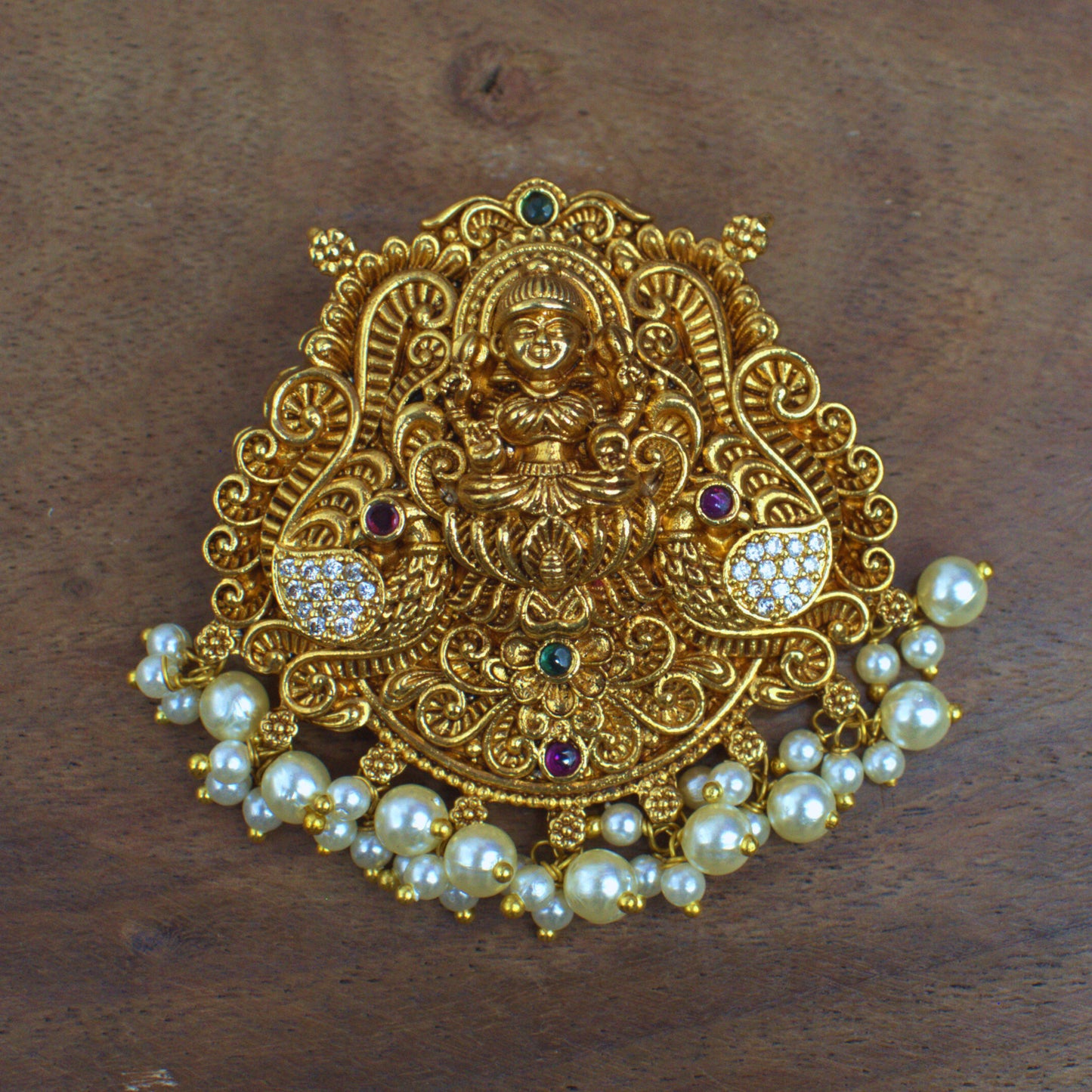 Udbhava Nakshi Lakshmi Temple Pendant in Antique Gold Finish with Pearl Drops