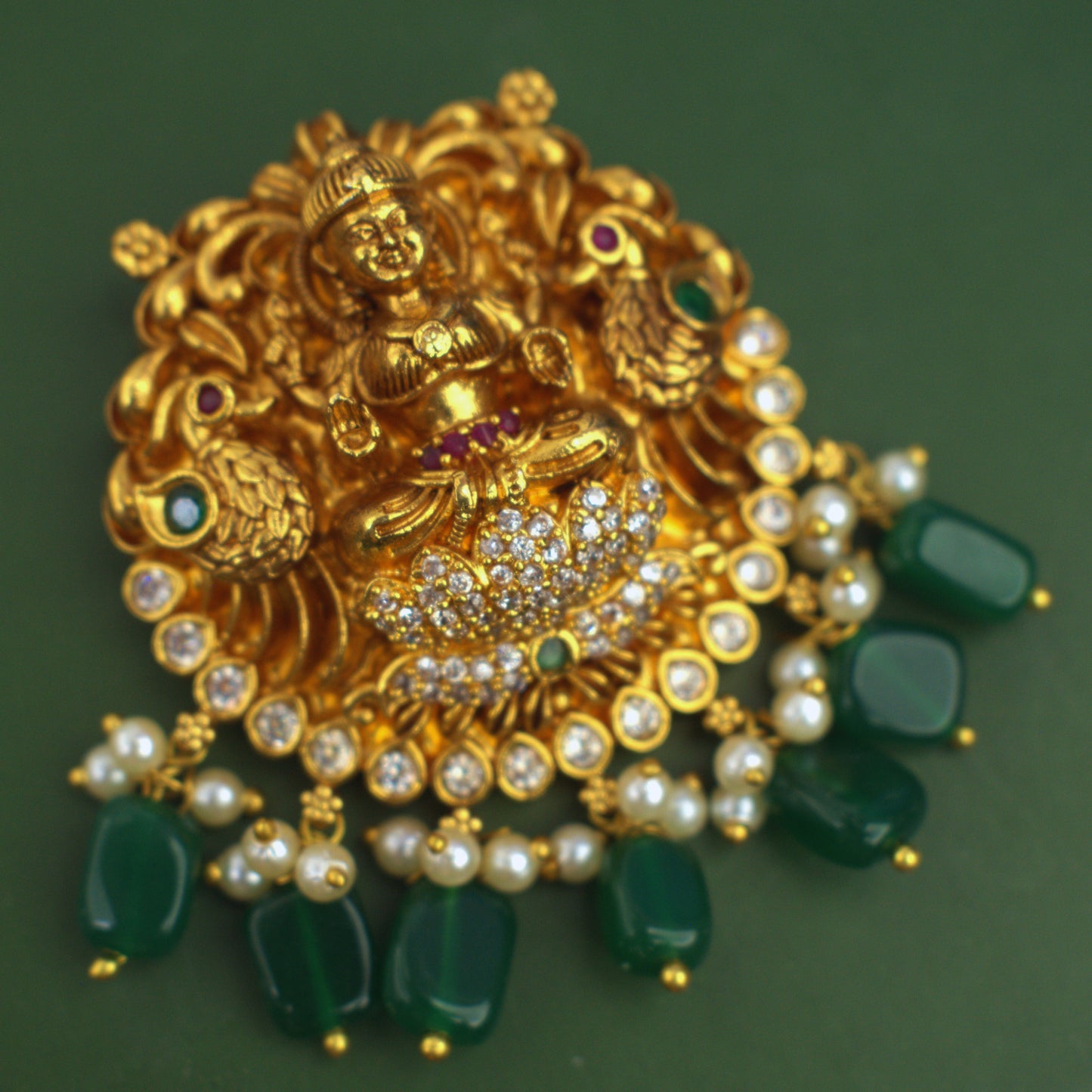 Udbhava Traditional Lakshmi Nakshi Pendant with Green Bead Drops – Temple Jewellery Design