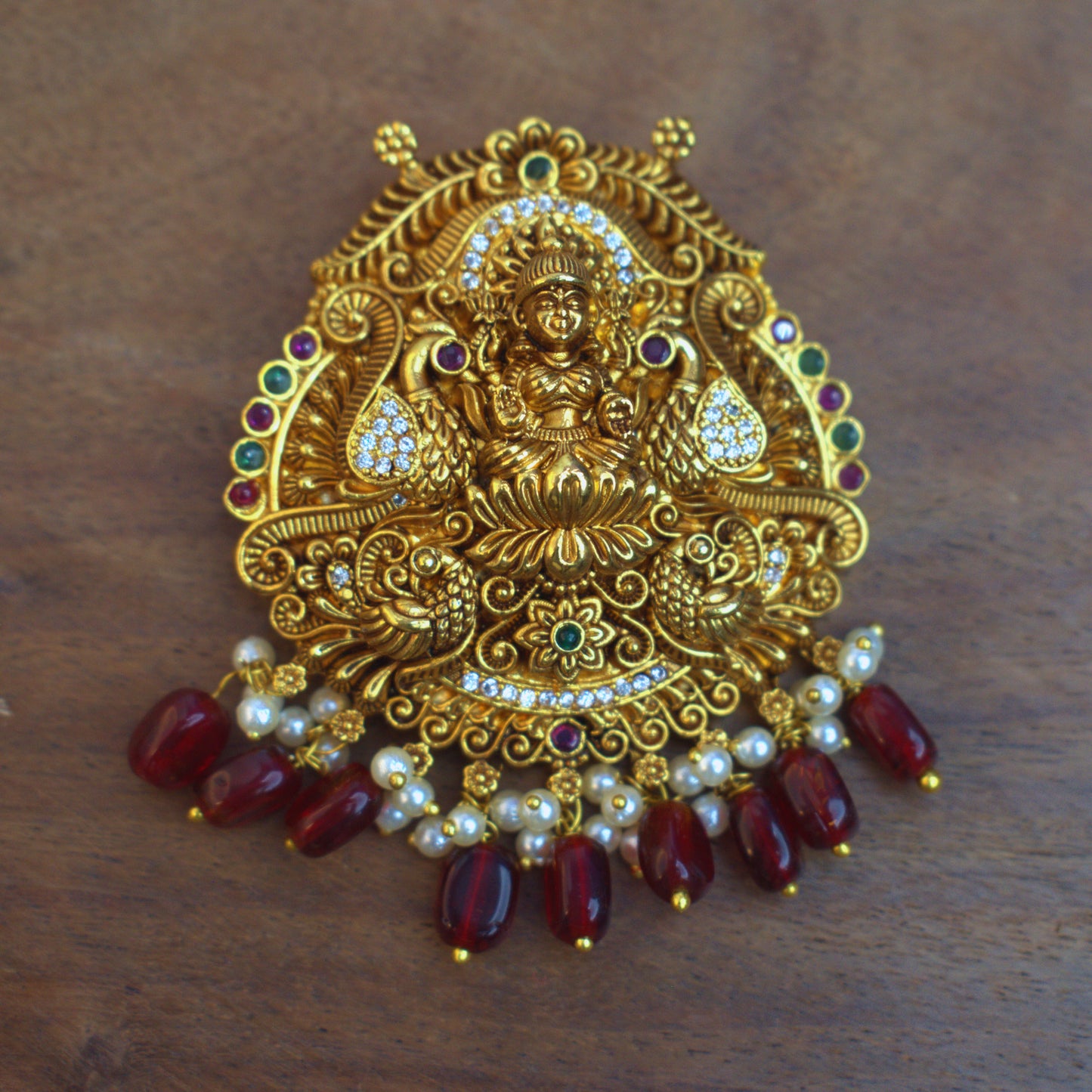 Udbhava Traditional Lakshmi Nakshi Pendant with Red Bead Drops – Temple Jewellery Design