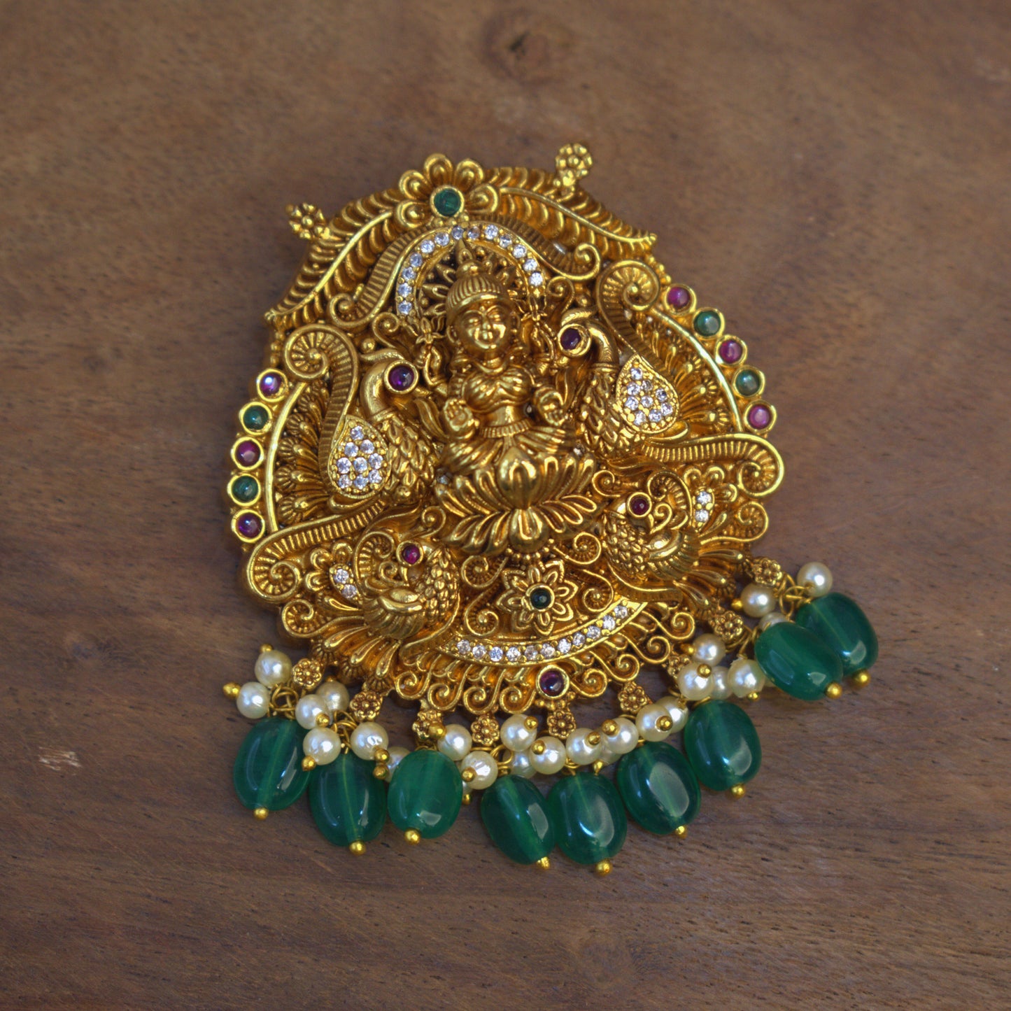 Udbhava Traditional Nakshi Lakshmi Pendant with Green Drops – Temple Jewellery Design