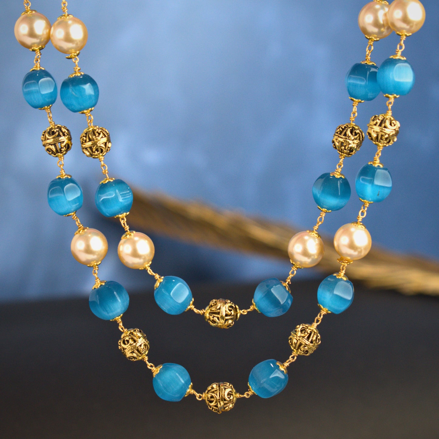 Udbhava 2-Layer Kattu Theega Handcrafted Blue Bead & Pearl Necklace – Traditional Temple Jewellery