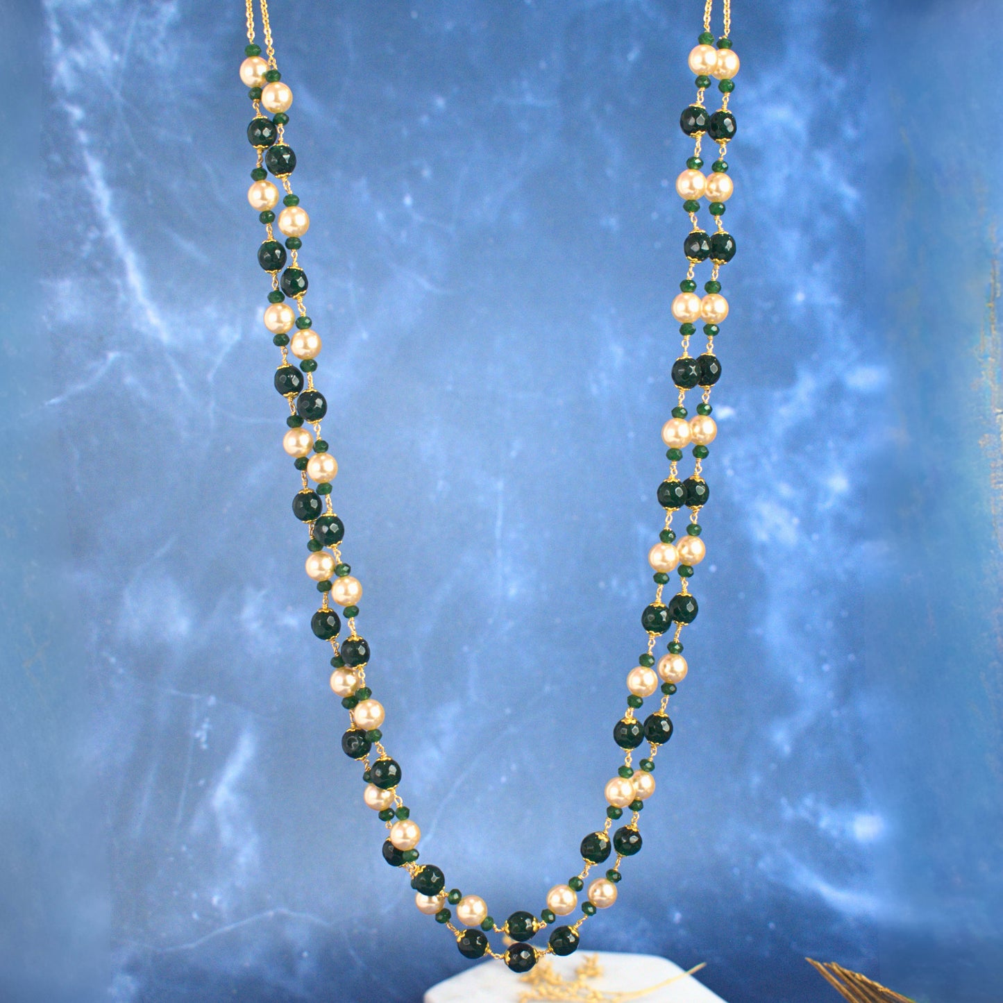 Two Layer Kattu Theega Handcrafted Onyx Beaded Necklace – Green onyx & Pearls
