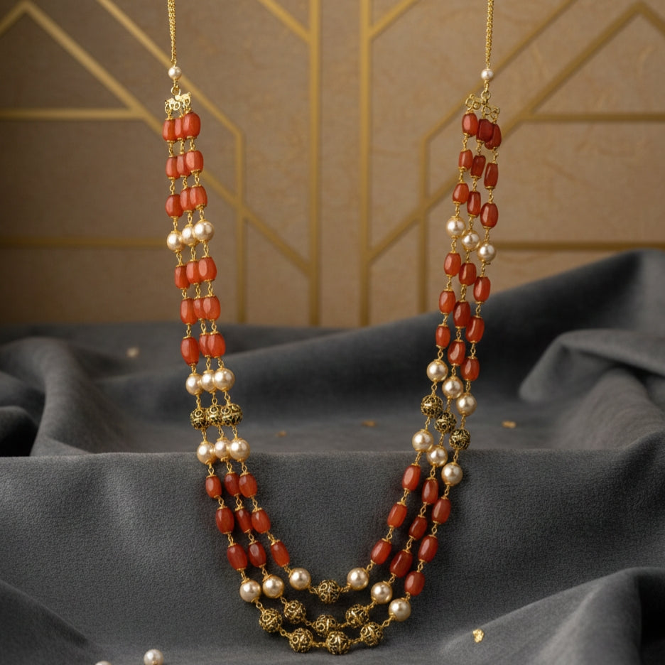 Udbhava Handcrafted 3 Line Kattu Theega Necklace with Onyx Beads, Nakshi Balls & Imitation Pearls