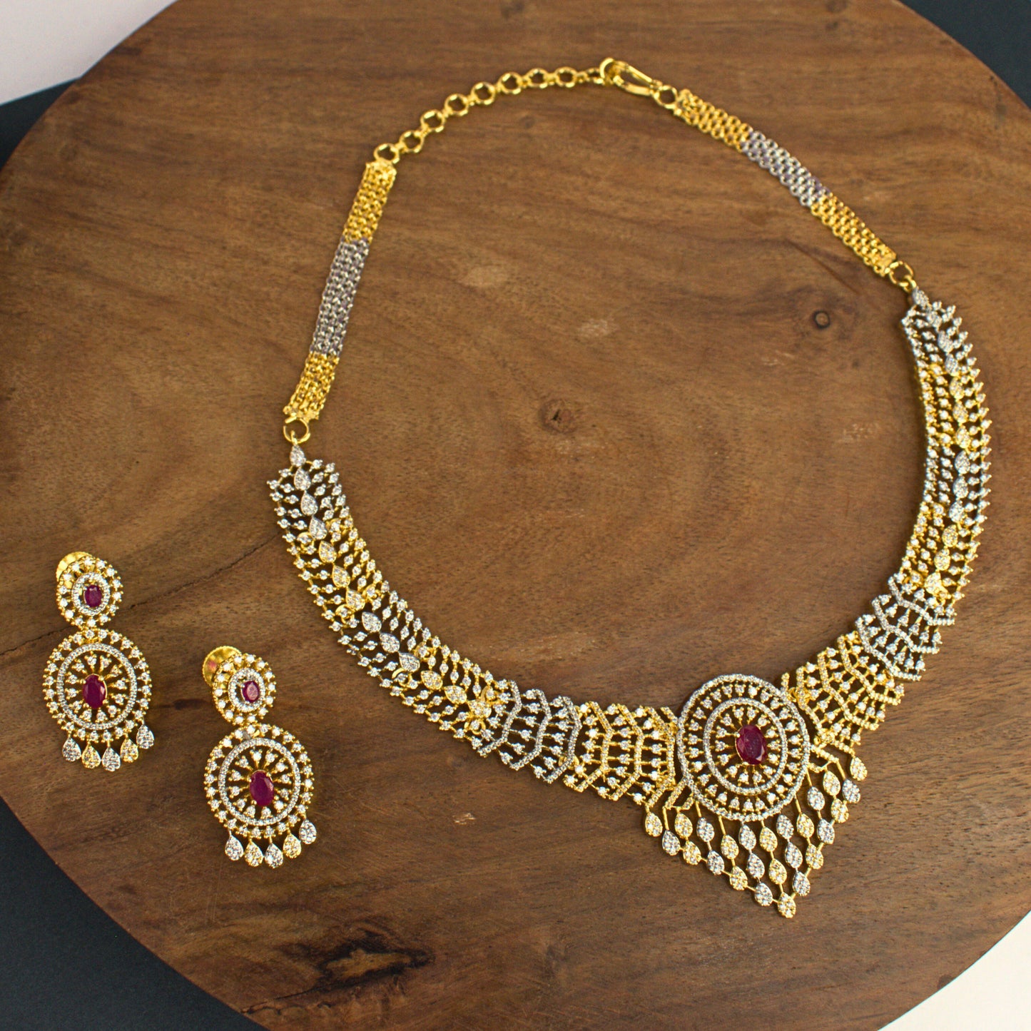Udbhava Gold Plated CZ Stone Necklace Set with Ruby Accent