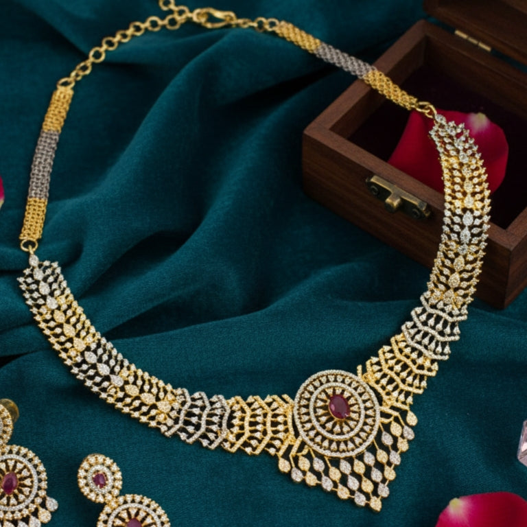 Udbhava Gold Plated CZ Stone Necklace Set with Ruby Accent