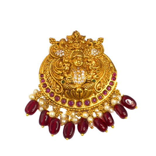 Udbhava Antique Gold Nakshi Lakshmi Temple Pendant with Red Beads & Pearls