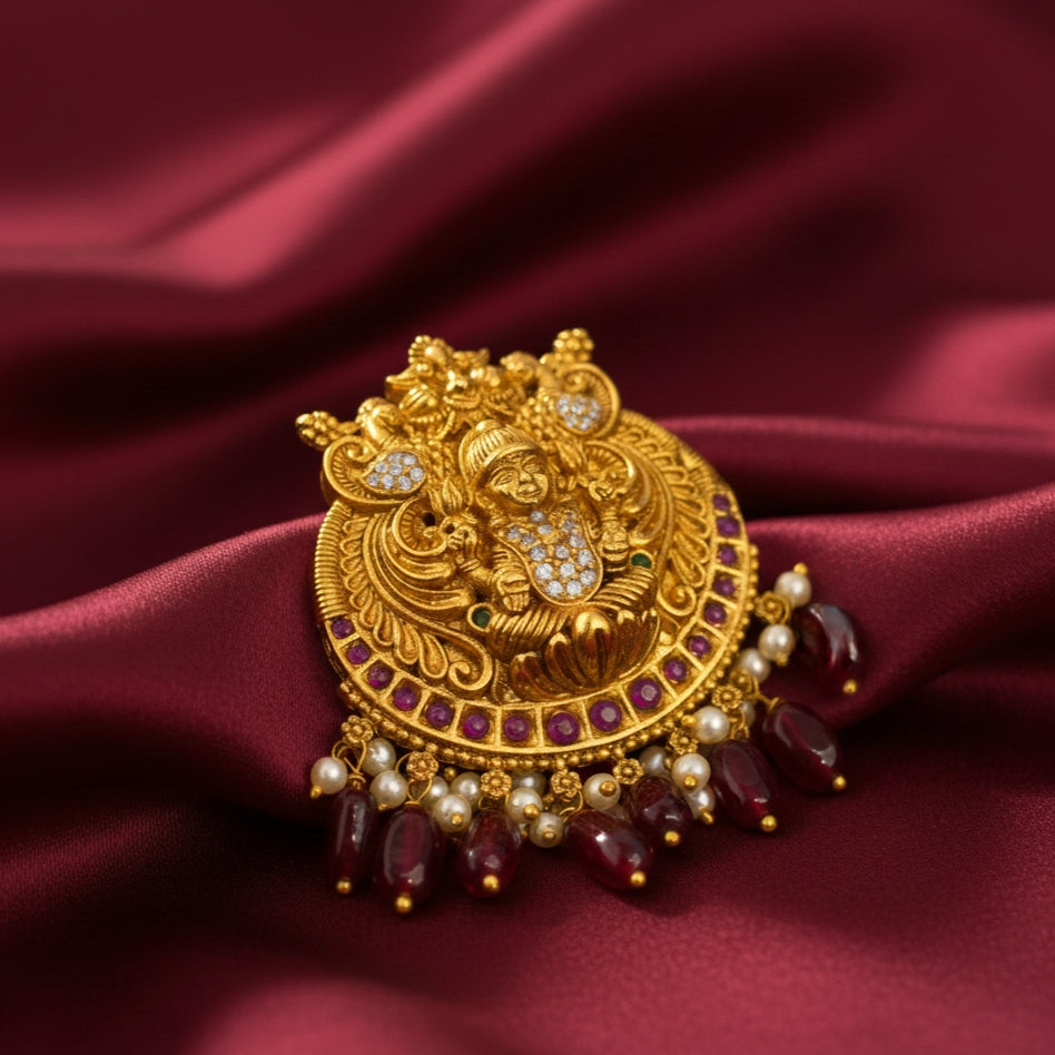 Udbhava Antique Gold Nakshi Lakshmi Temple Pendant with Red Beads & Pearls