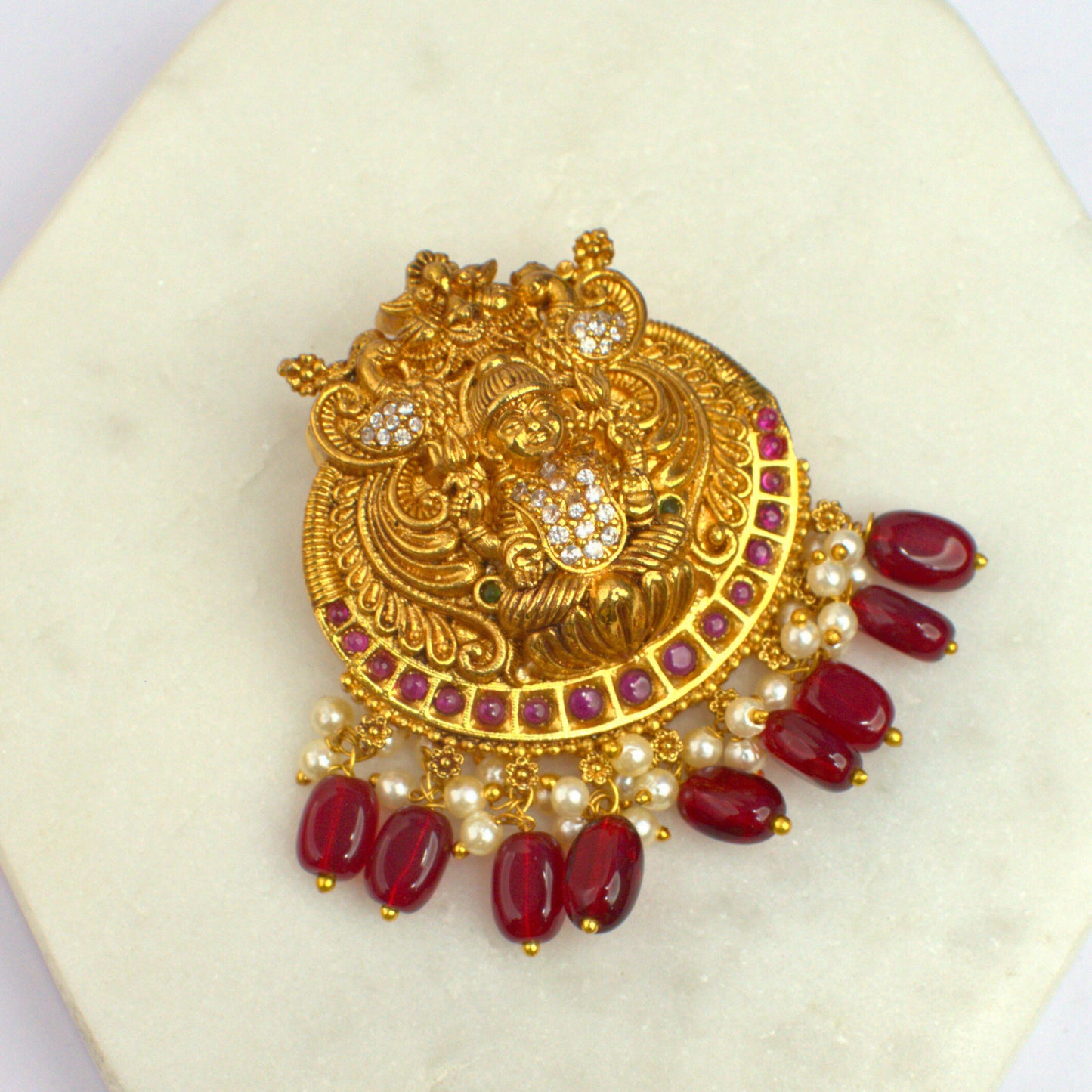 Udbhava Antique Gold Nakshi Lakshmi Temple Pendant with Red Beads & Pearls