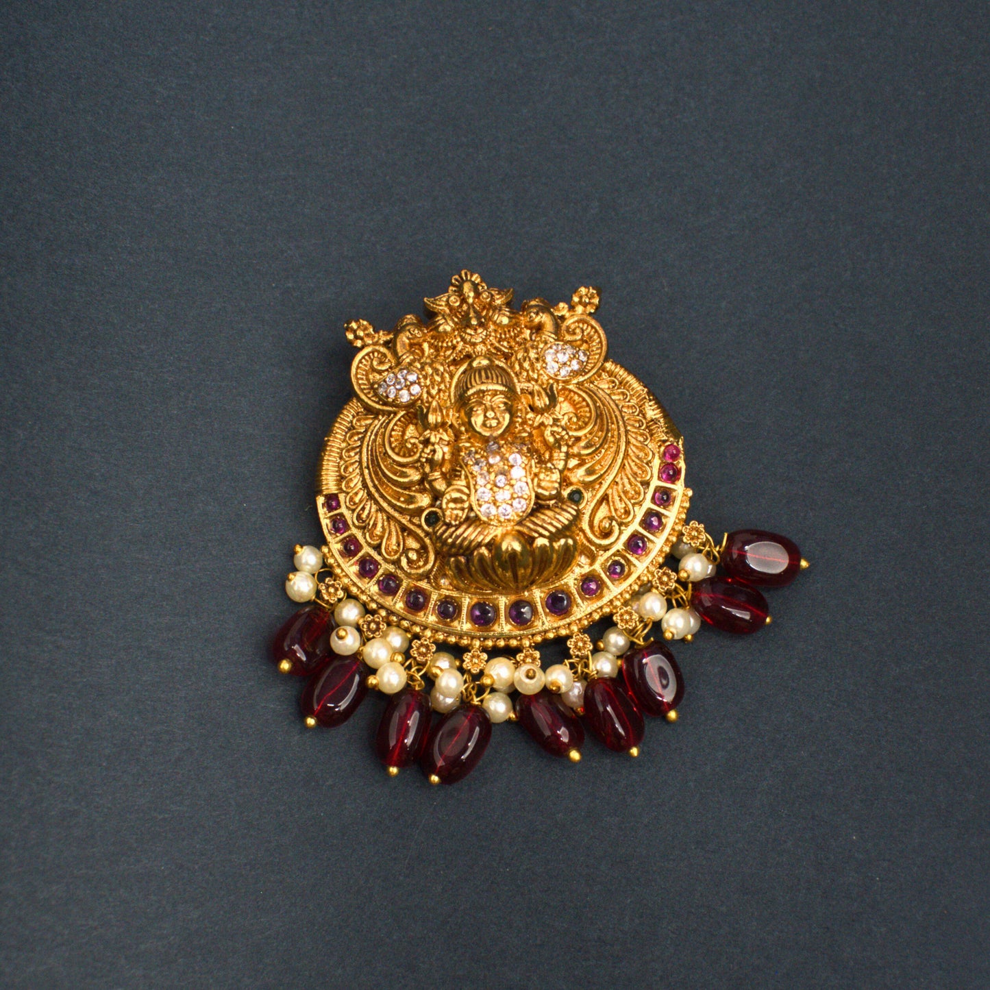 Udbhava Antique Gold Nakshi Lakshmi Temple Pendant with Red Beads & Pearls