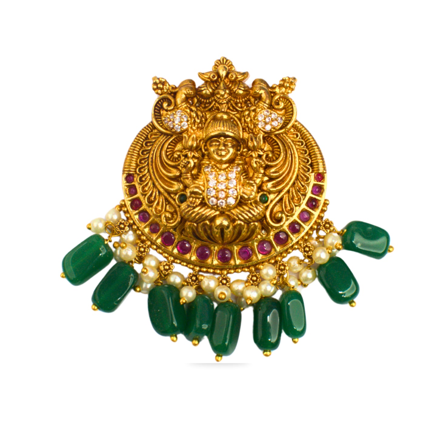 Udbhava Nakshi Lakshmi Temple Pendant in Antique Gold Finish with Green Onyx Bead Drops