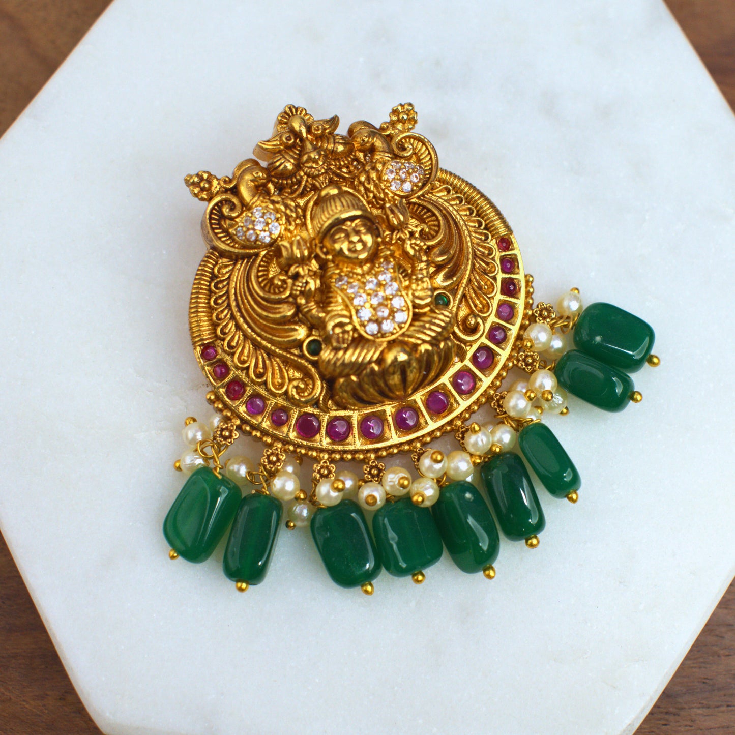 Udbhava Nakshi Lakshmi Temple Pendant in Antique Gold Finish with Green Onyx Bead Drops