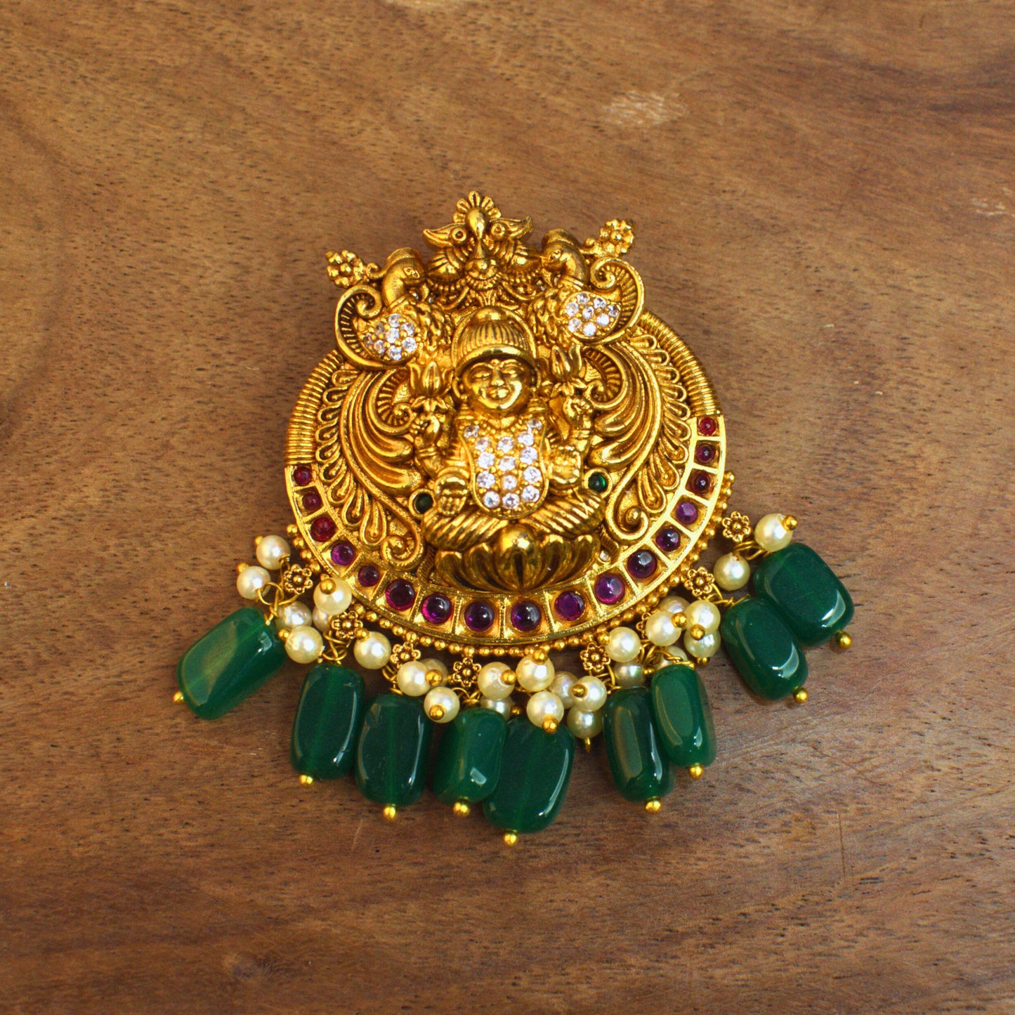 Udbhava Nakshi Lakshmi Temple Pendant in Antique Gold Finish with Green Onyx Bead Drops