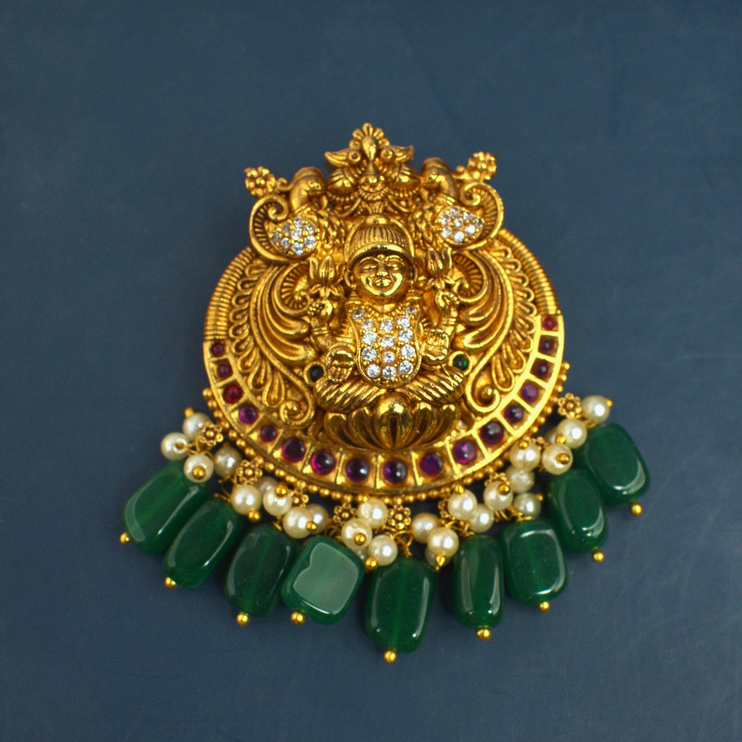 Udbhava Nakshi Lakshmi Temple Pendant in Antique Gold Finish with Green Onyx Bead Drops