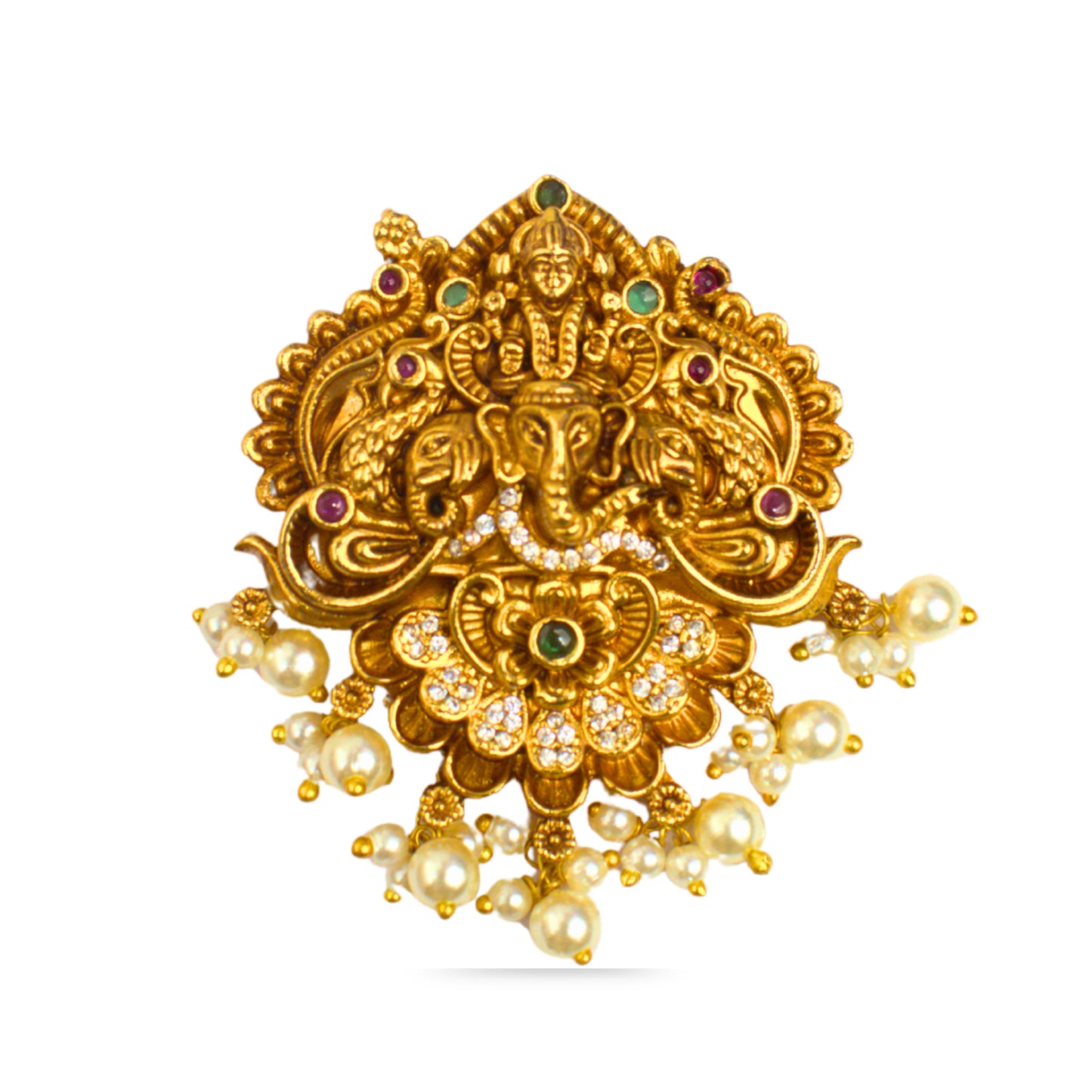 Udbhava Nakshi Ganesha Temple Pendant in Antique Gold Finish with Pearl Drops
