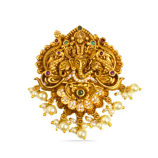 Udbhava Nakshi Ganesha Temple Pendant in Antique Gold Finish with Pearl Drops