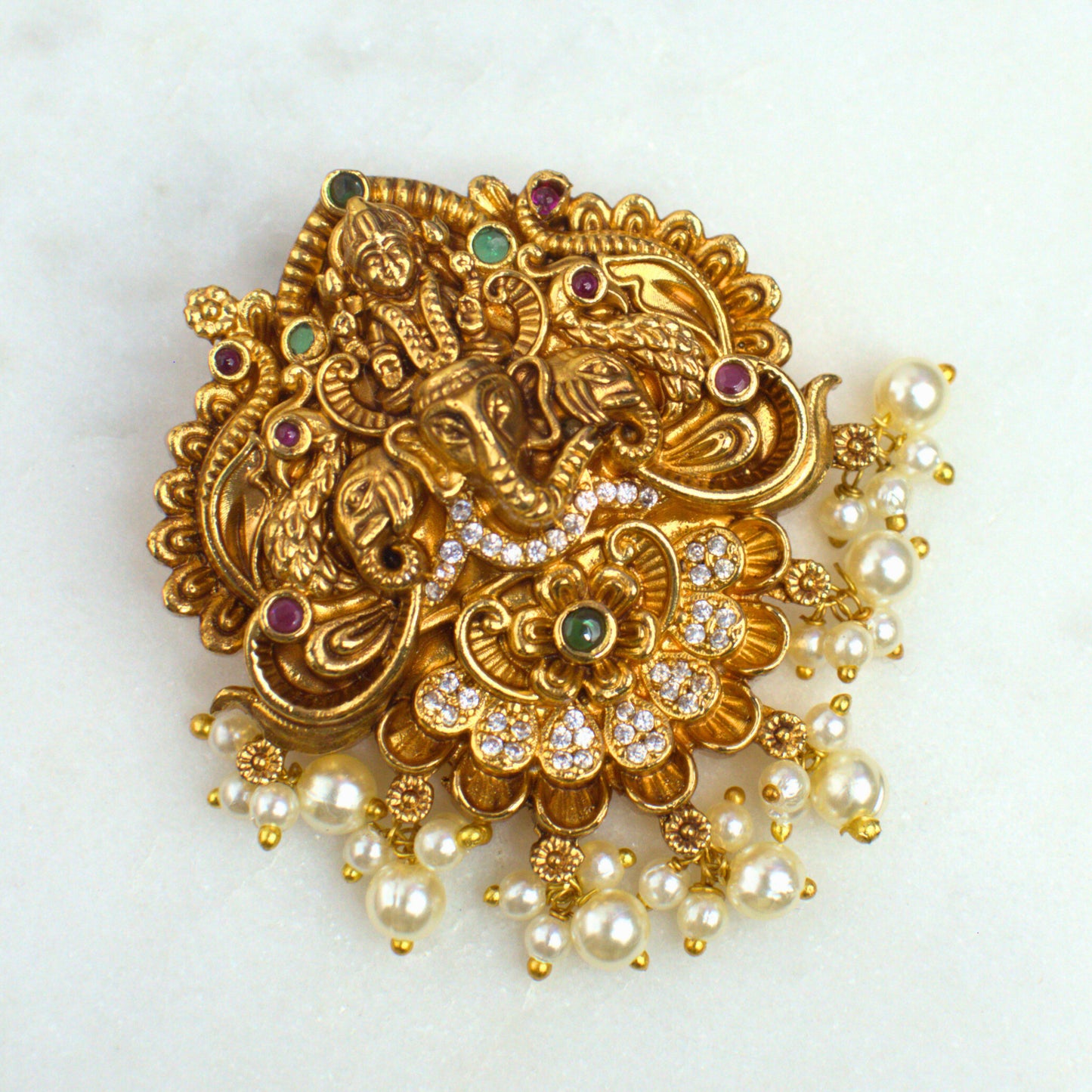 Udbhava Nakshi Ganesha Temple Pendant in Antique Gold Finish with Pearl Drops
