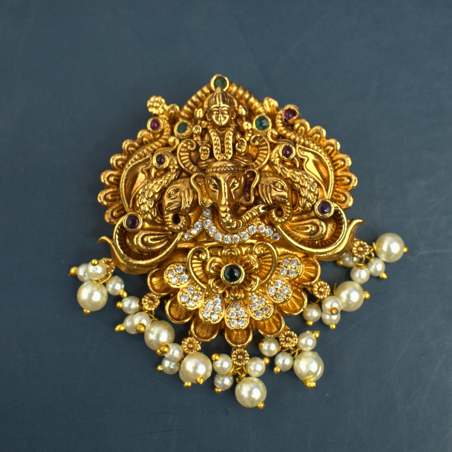 Udbhava Nakshi Ganesha Temple Pendant in Antique Gold Finish with Pearl Drops