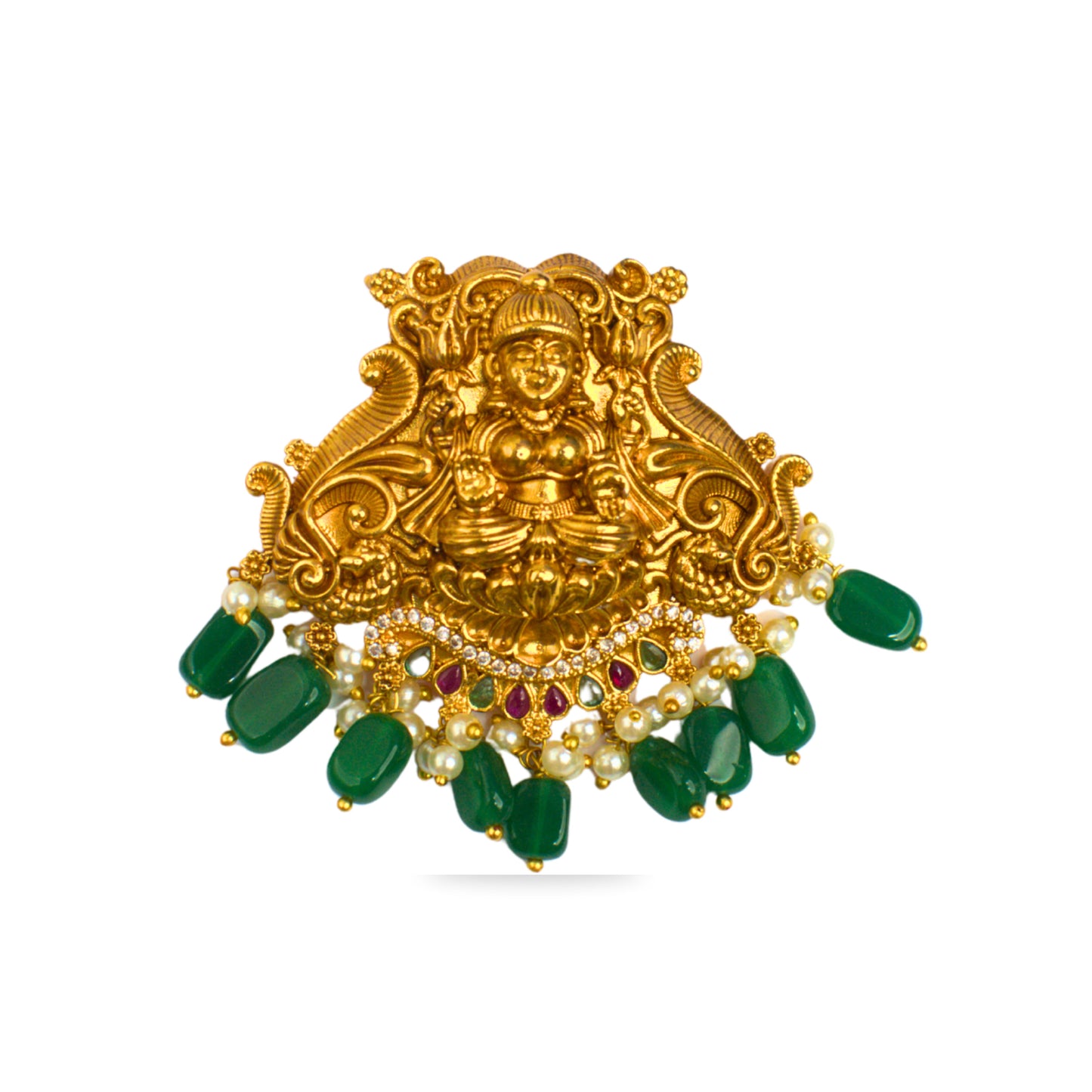 Udbhava Nakshi Lakshmi Temple Pendant in Antique Gold Finish with Green Bead Drops