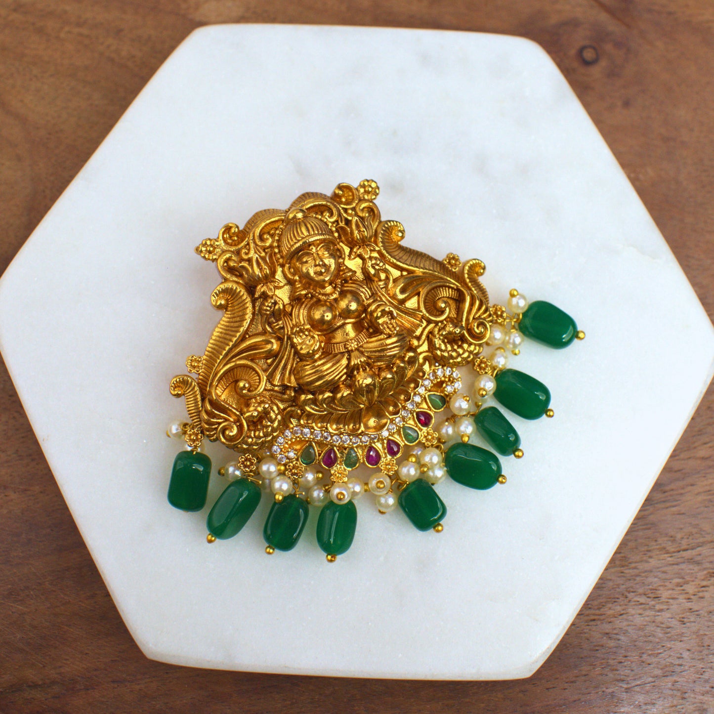 Udbhava Nakshi Lakshmi Temple Pendant in Antique Gold Finish with Green Bead Drops