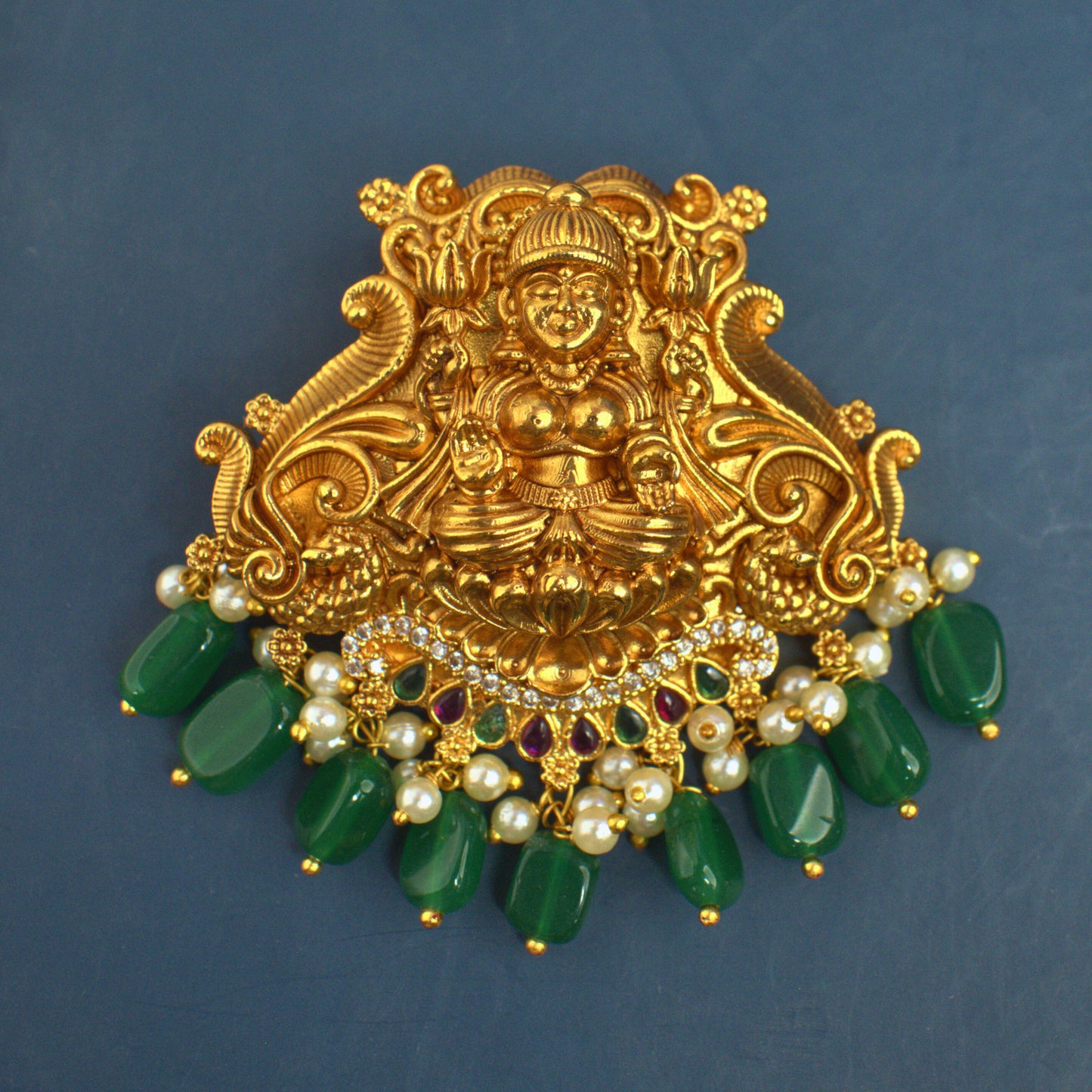 Udbhava Nakshi Lakshmi Temple Pendant in Antique Gold Finish with Green Bead Drops