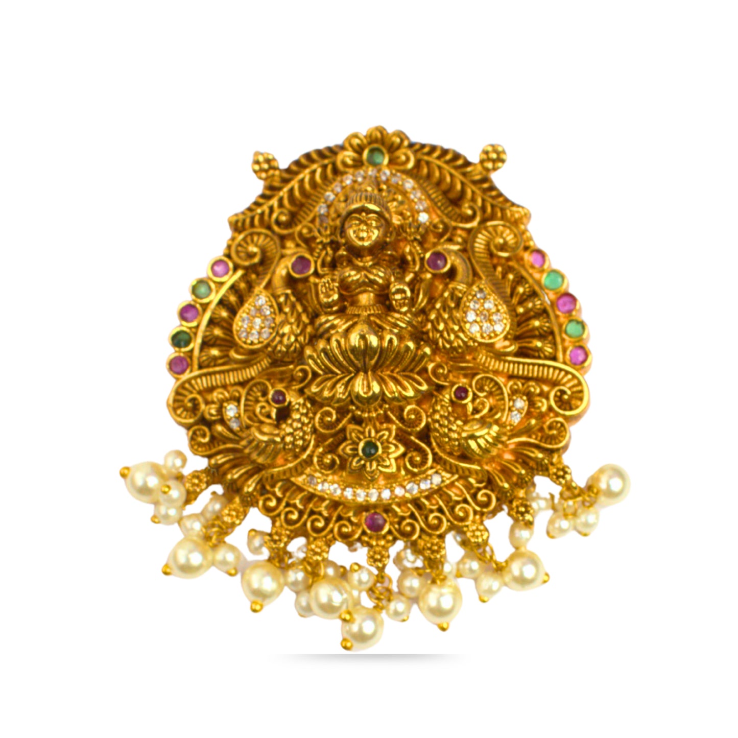 Udbhava Nakshi Lakshmi Temple Pendant in Antique Gold Finish with Pearl Drops