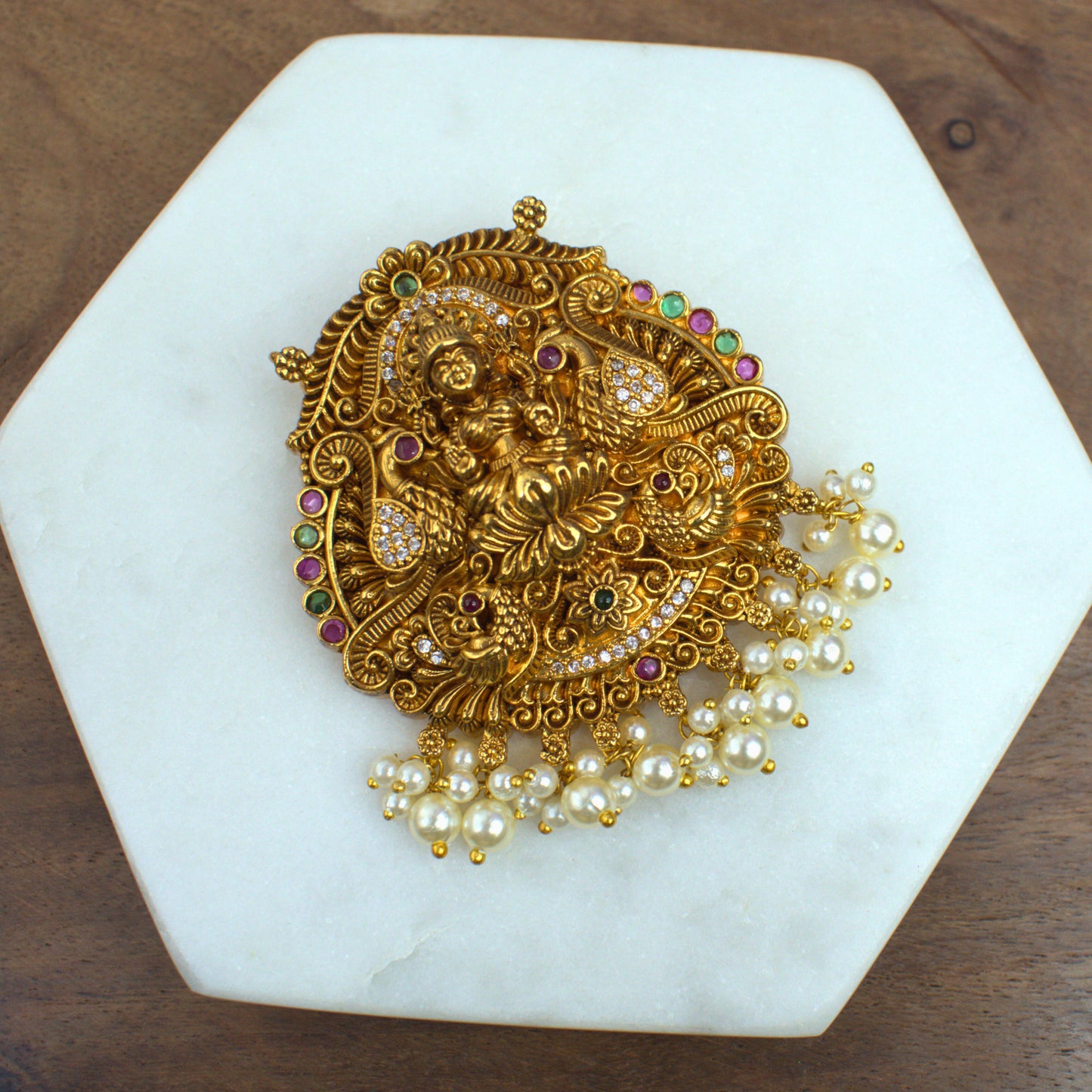 Udbhava Nakshi Lakshmi Temple Pendant in Antique Gold Finish with Pearl Drops