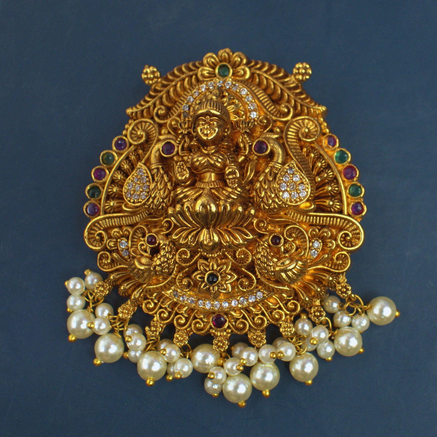 Udbhava Nakshi Lakshmi Temple Pendant in Antique Gold Finish with Pearl Drops