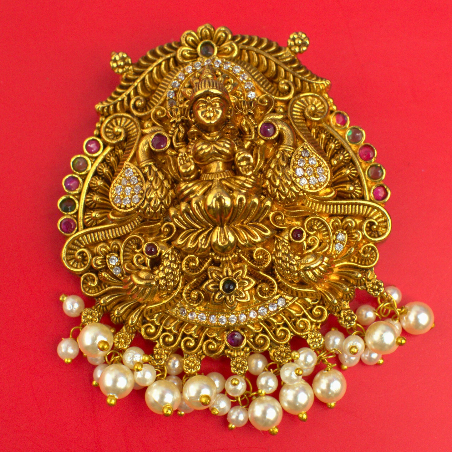 Udbhava Nakshi Lakshmi Temple Pendant in Antique Gold Finish with Pearl Drops