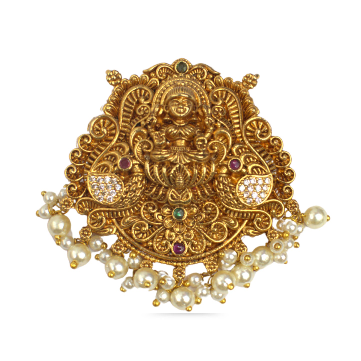 Udbhava Nakshi Lakshmi Temple Pendant in Antique Gold Finish with Pearl Drops