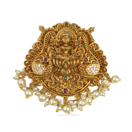 Udbhava Nakshi Lakshmi Temple Pendant in Antique Gold Finish with Pearl Drops