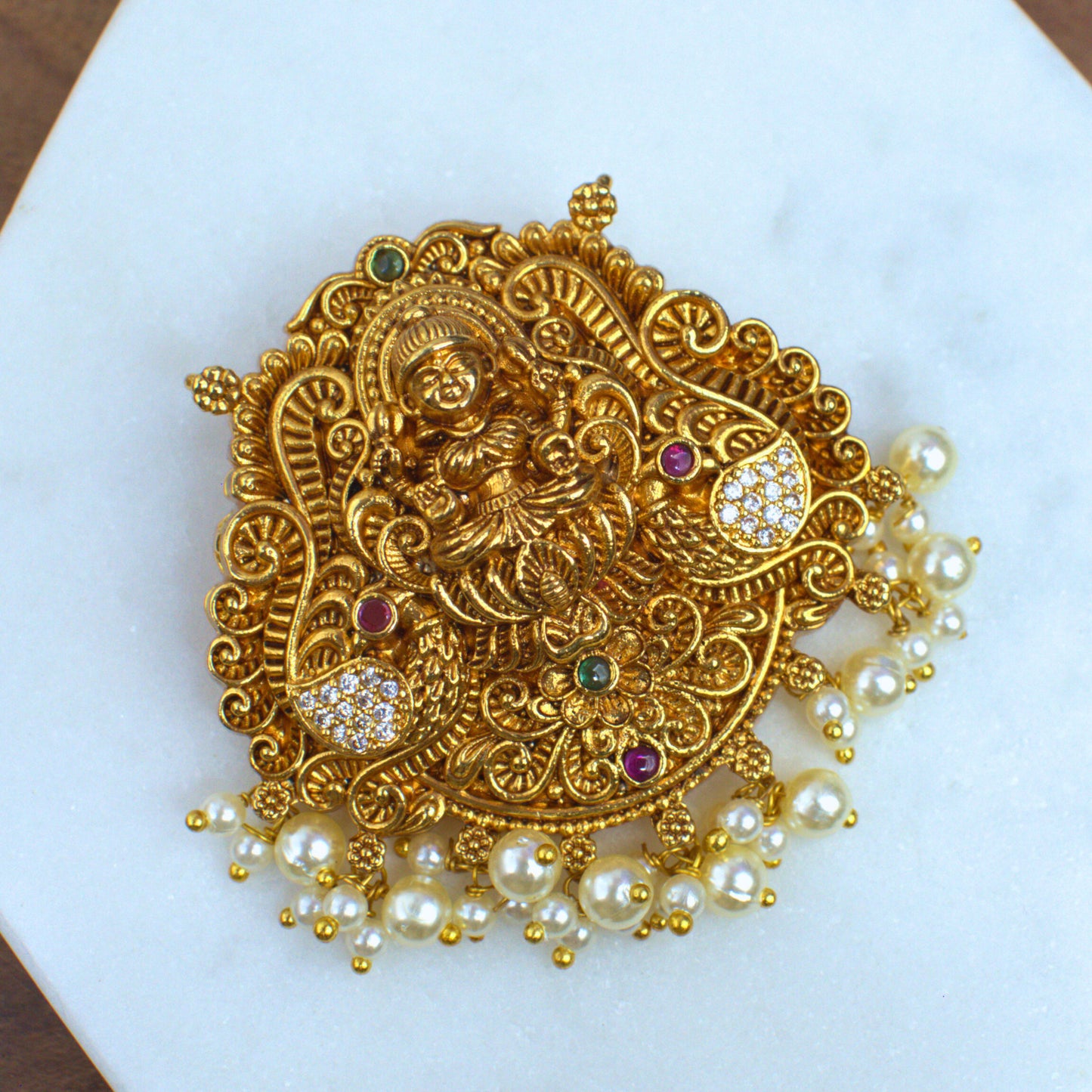 Udbhava Nakshi Lakshmi Temple Pendant in Antique Gold Finish with Pearl Drops