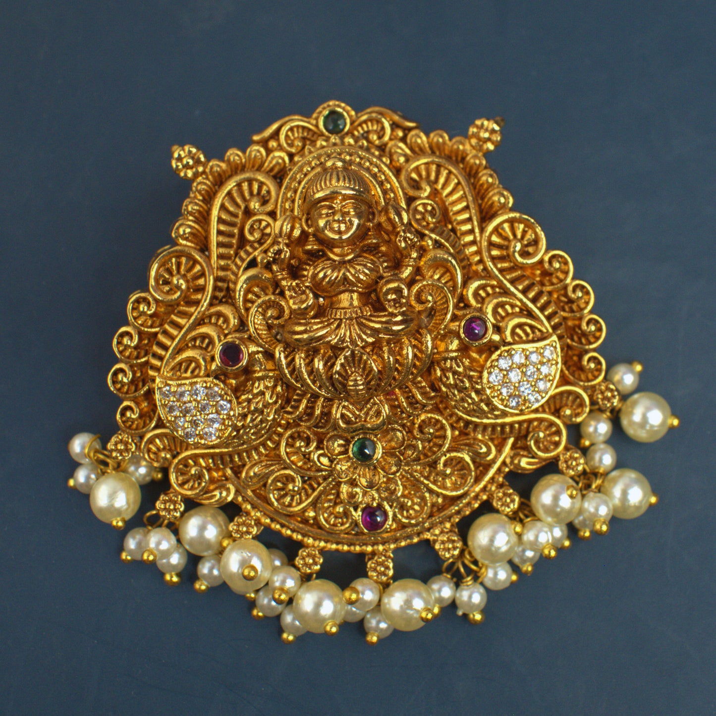 Udbhava Nakshi Lakshmi Temple Pendant in Antique Gold Finish with Pearl Drops