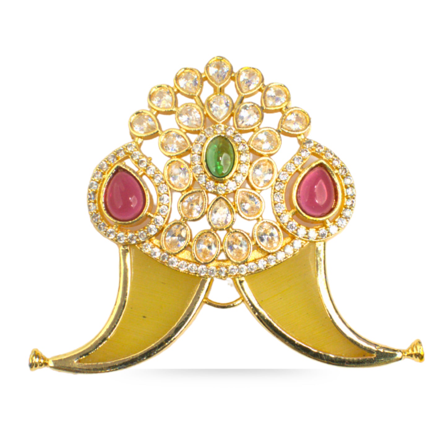 Nakshi CZ Temple Pendant with Curved Vanki Motif & Ruby-Emerald Accents