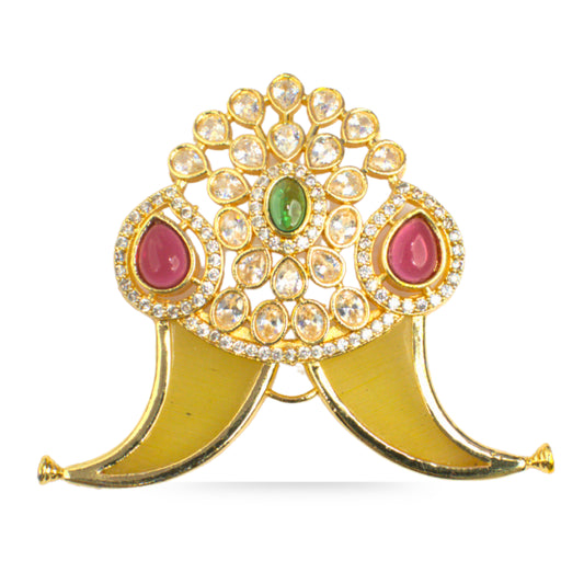 Nakshi CZ Temple Pendant with Curved Vanki Motif & Ruby-Emerald Accents