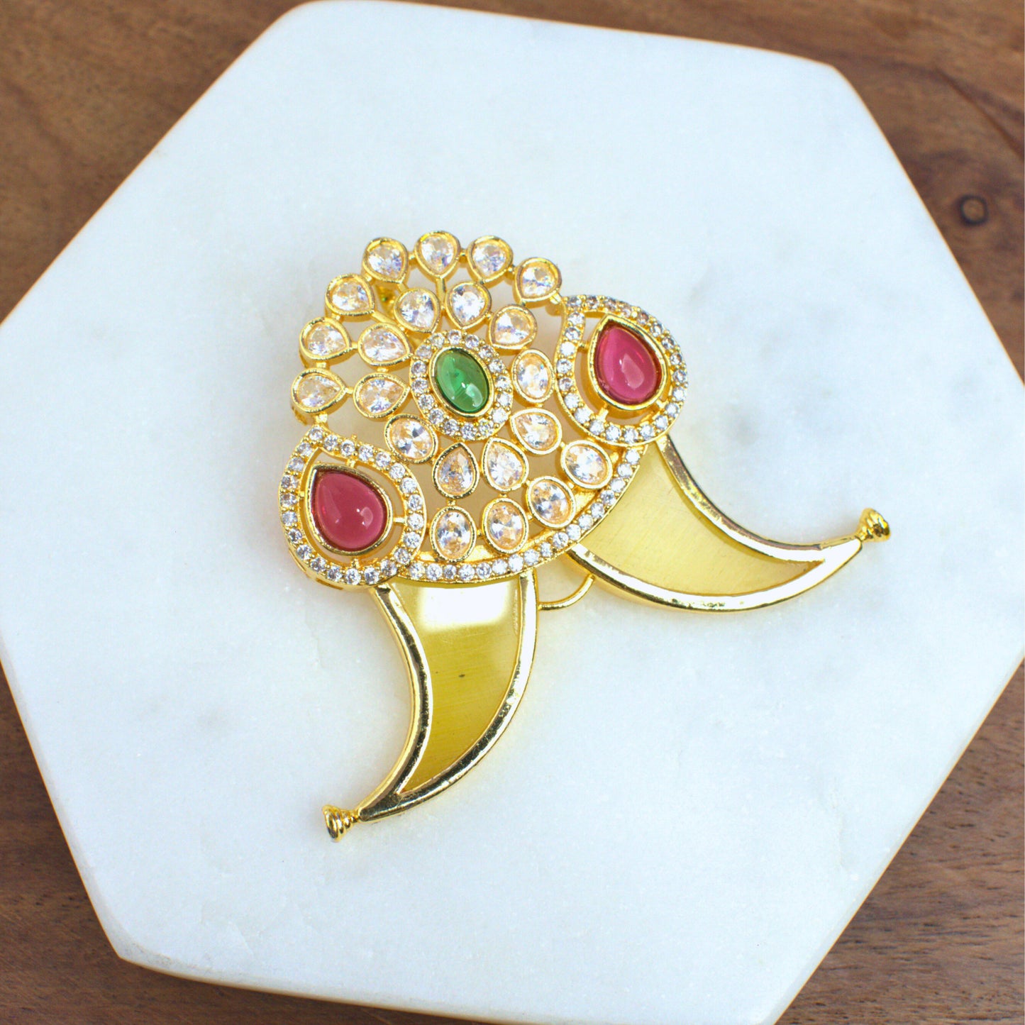 Nakshi CZ Temple Pendant with Curved Vanki Motif & Ruby-Emerald Accents