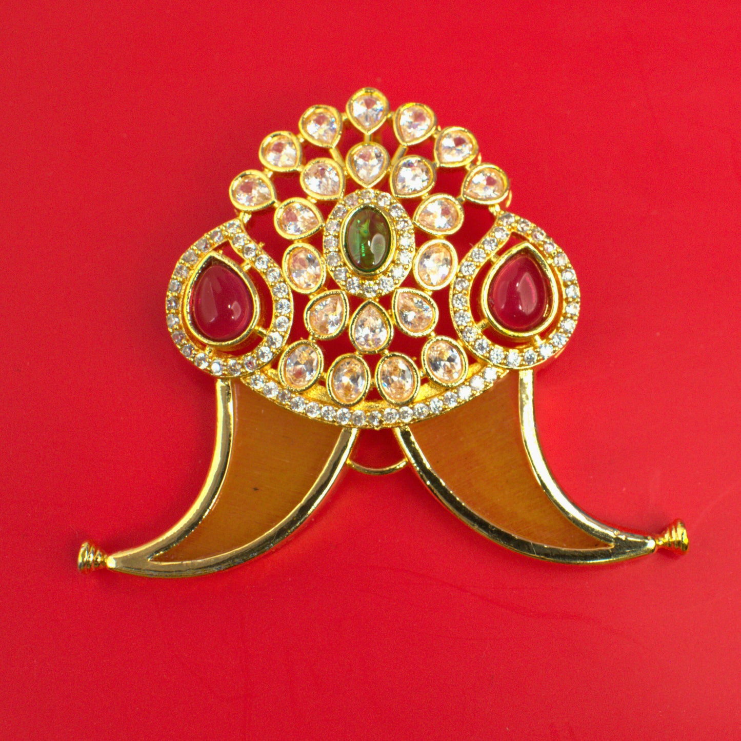 Nakshi CZ Temple Pendant with Curved Vanki Motif & Ruby-Emerald Accents