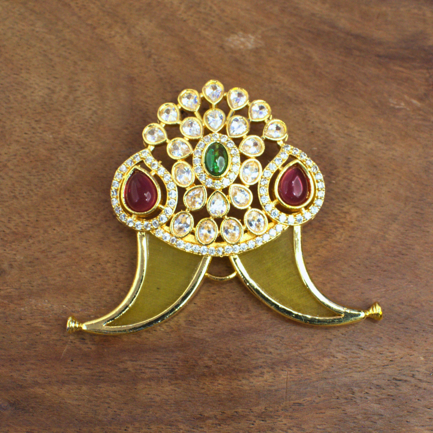 Nakshi CZ Temple Pendant with Curved Vanki Motif & Ruby-Emerald Accents