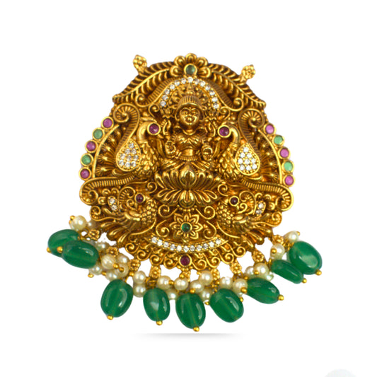 Nakshi Lakshmi Temple Pendant with Green Bead Drops & CZ Work
