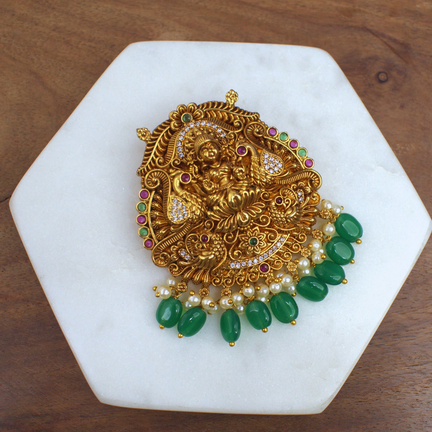 Nakshi Lakshmi Temple Pendant with Green Bead Drops & CZ Work