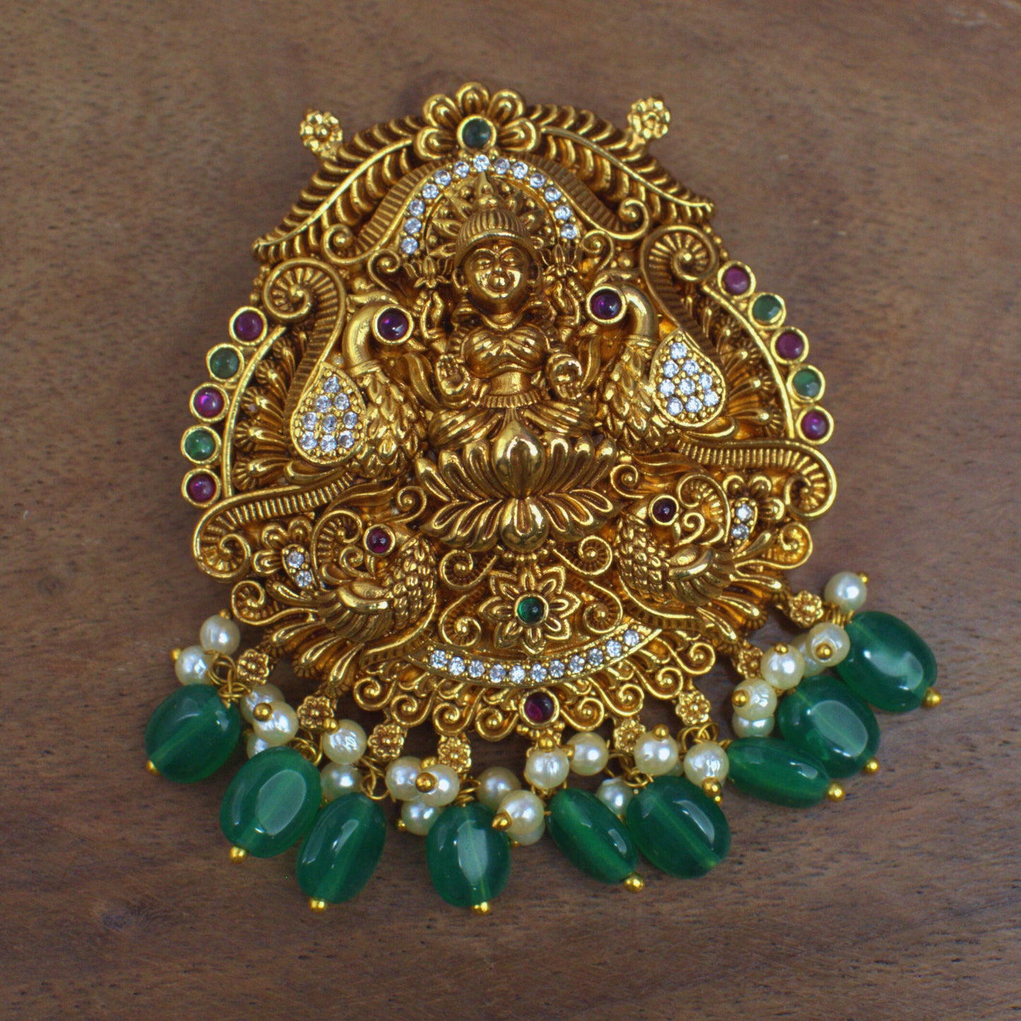 Nakshi Lakshmi Temple Pendant with Green Bead Drops & CZ Work
