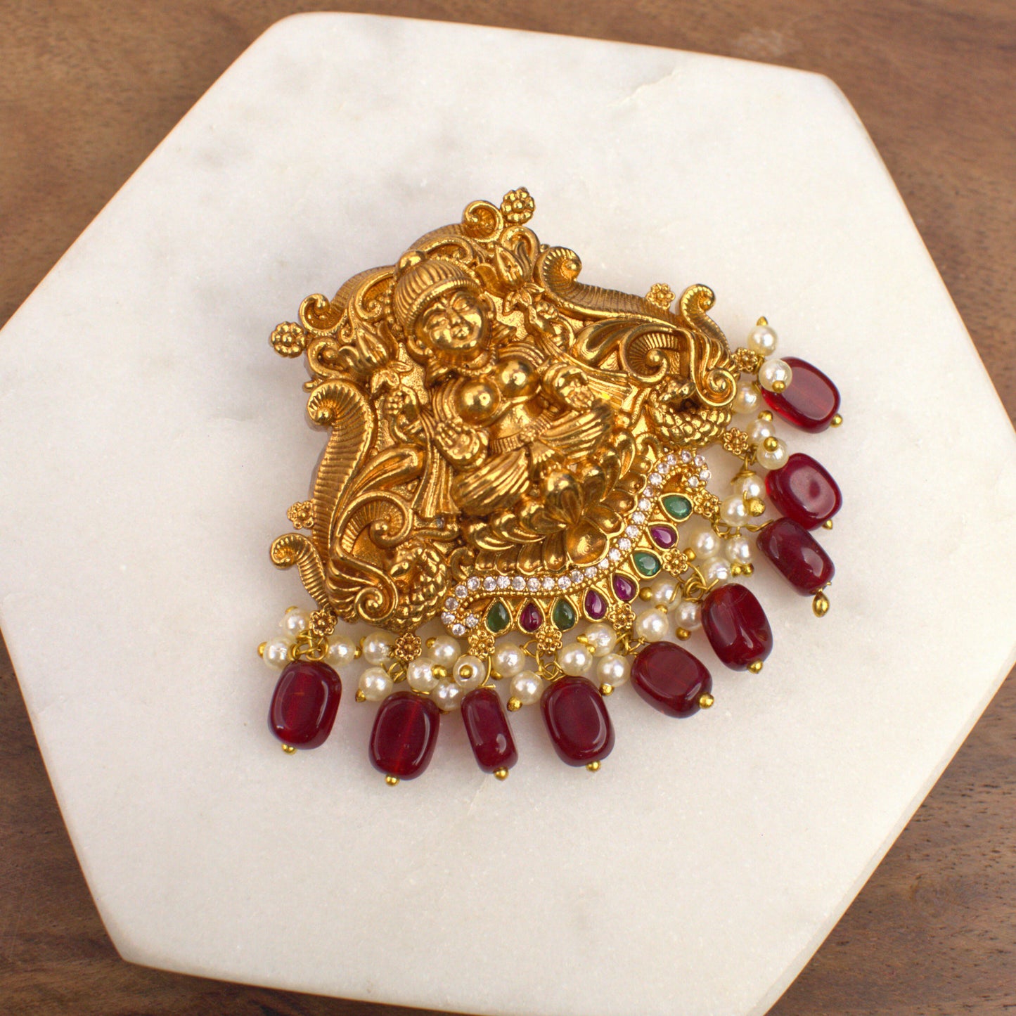 Udbhava Traditional Lakshmi Nakshi Pendant with Red Bead Drops – Temple Jewellery Design