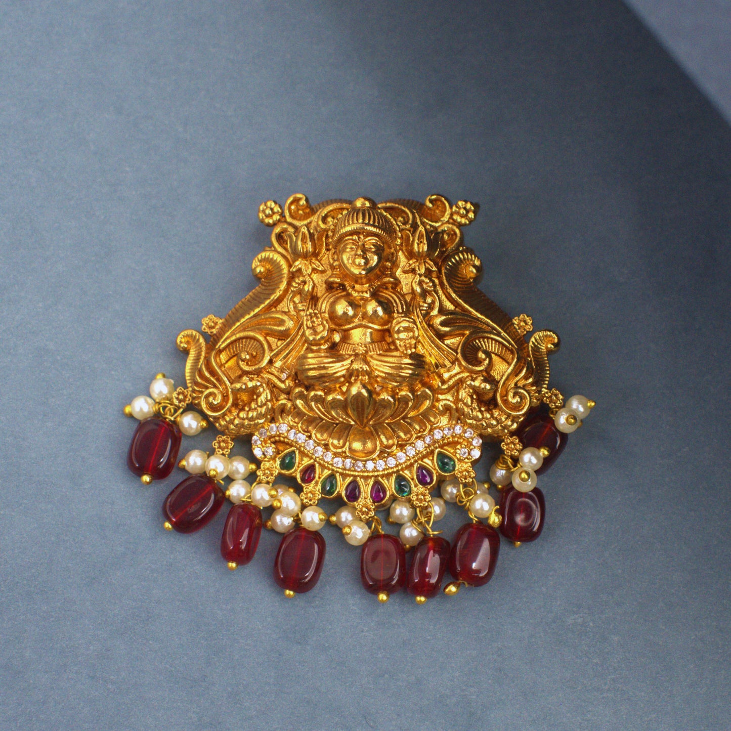 Udbhava Traditional Lakshmi Nakshi Pendant with Red Bead Drops – Temple Jewellery Design