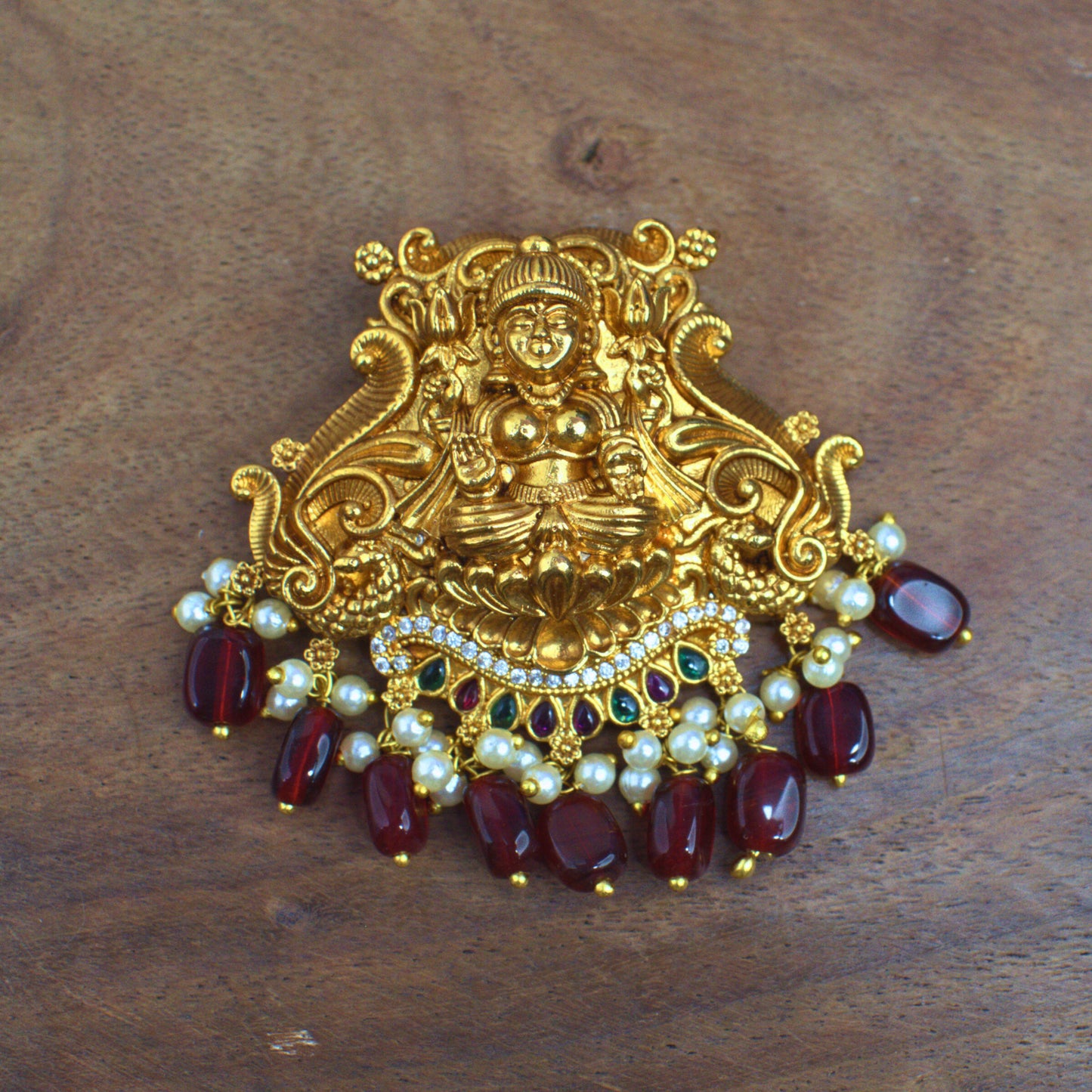Udbhava Traditional Lakshmi Nakshi Pendant with Red Bead Drops – Temple Jewellery Design