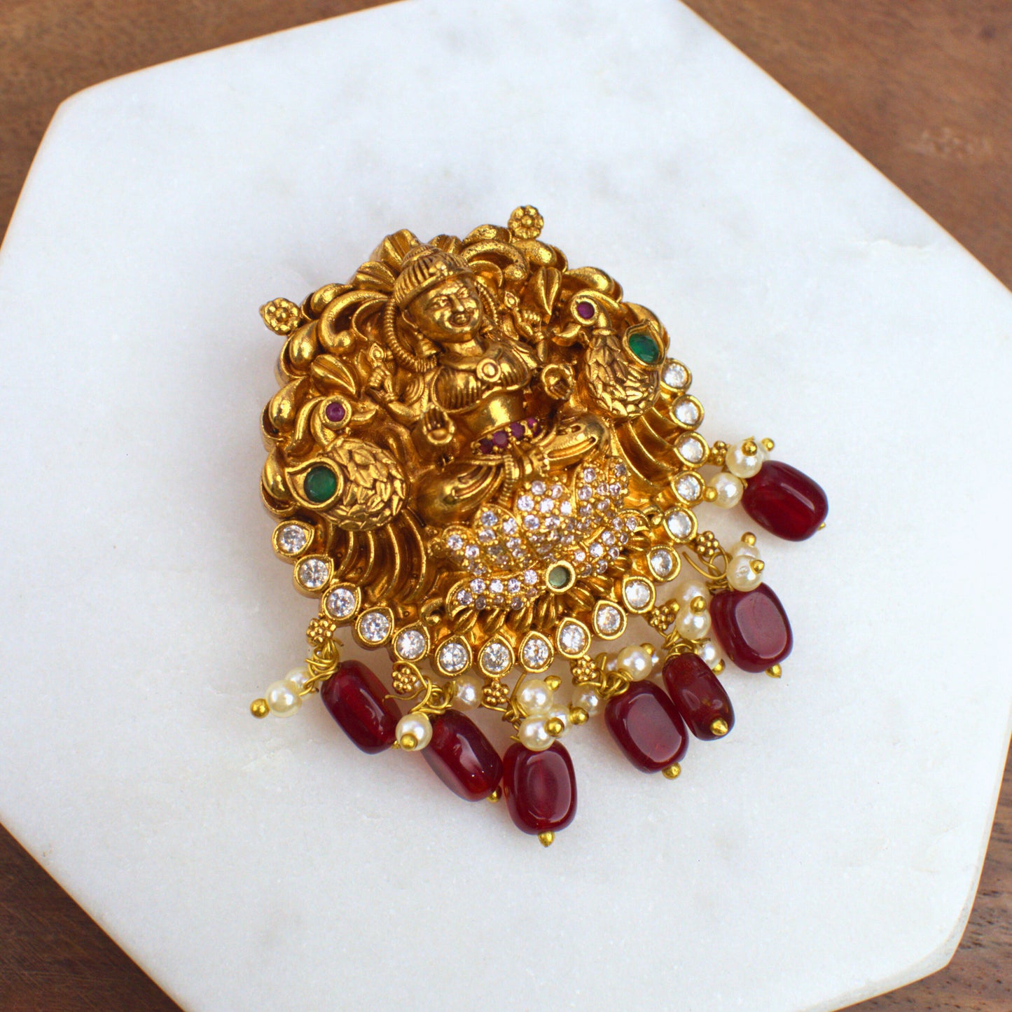 Udbhava Traditional Lakshmi Nakshi Pendant with Red Bead Drops – Temple Jewellery Design