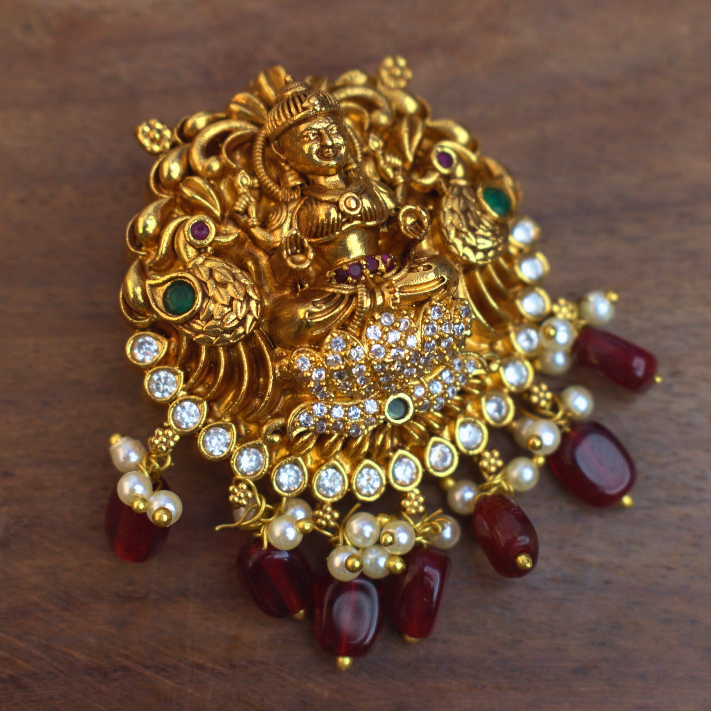 Udbhava Traditional Lakshmi Nakshi Pendant with Red Bead Drops – Temple Jewellery Design