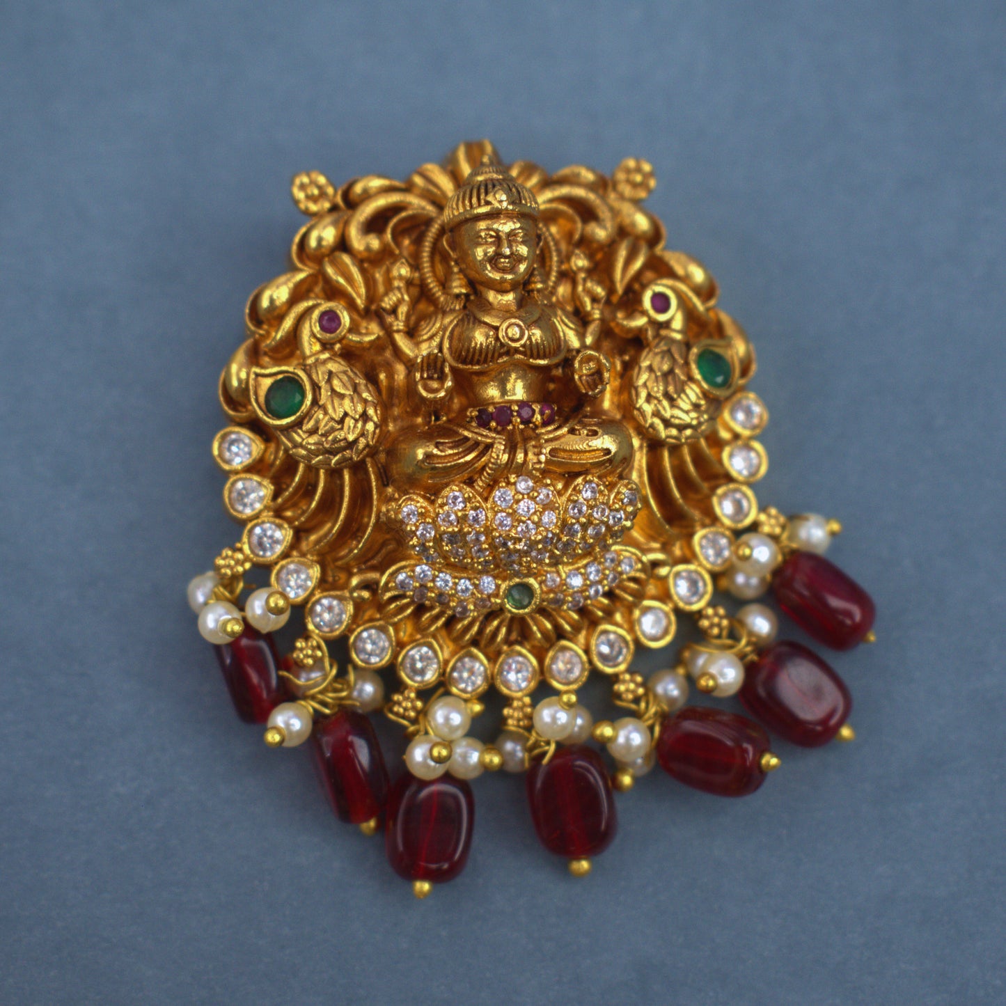 Udbhava Traditional Lakshmi Nakshi Pendant with Red Bead Drops – Temple Jewellery Design