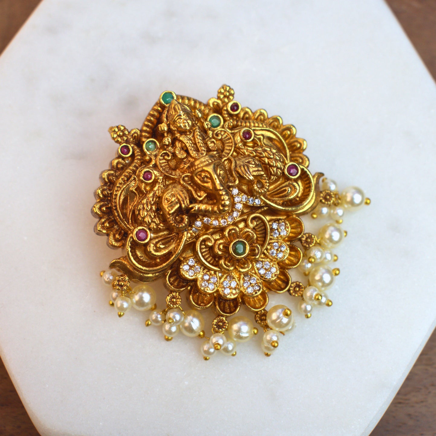 Udbhava Traditional Ganesha Nakshi Pendant with Pearl Drops – Temple Jewellery Design