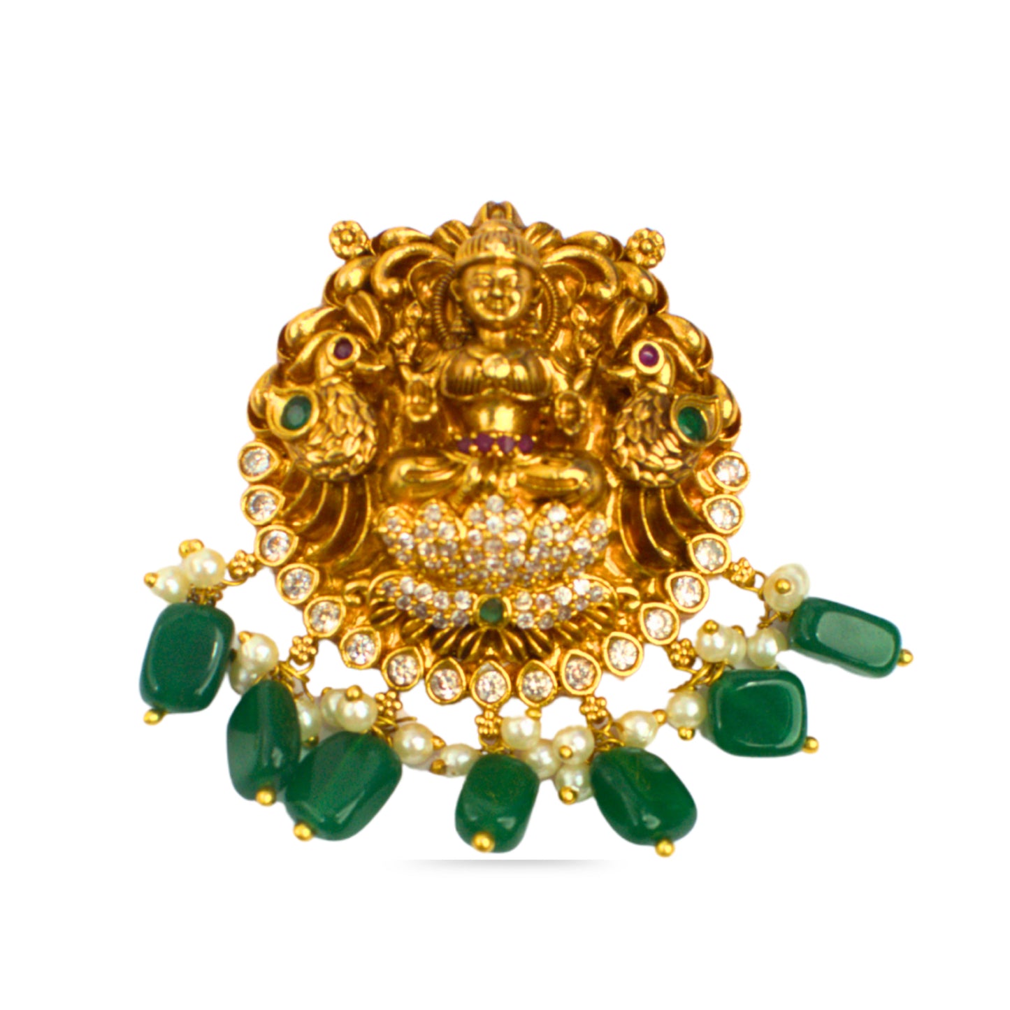 Udbhava Traditional Lakshmi Nakshi Pendant with Green Bead Drops – Temple Jewellery Design